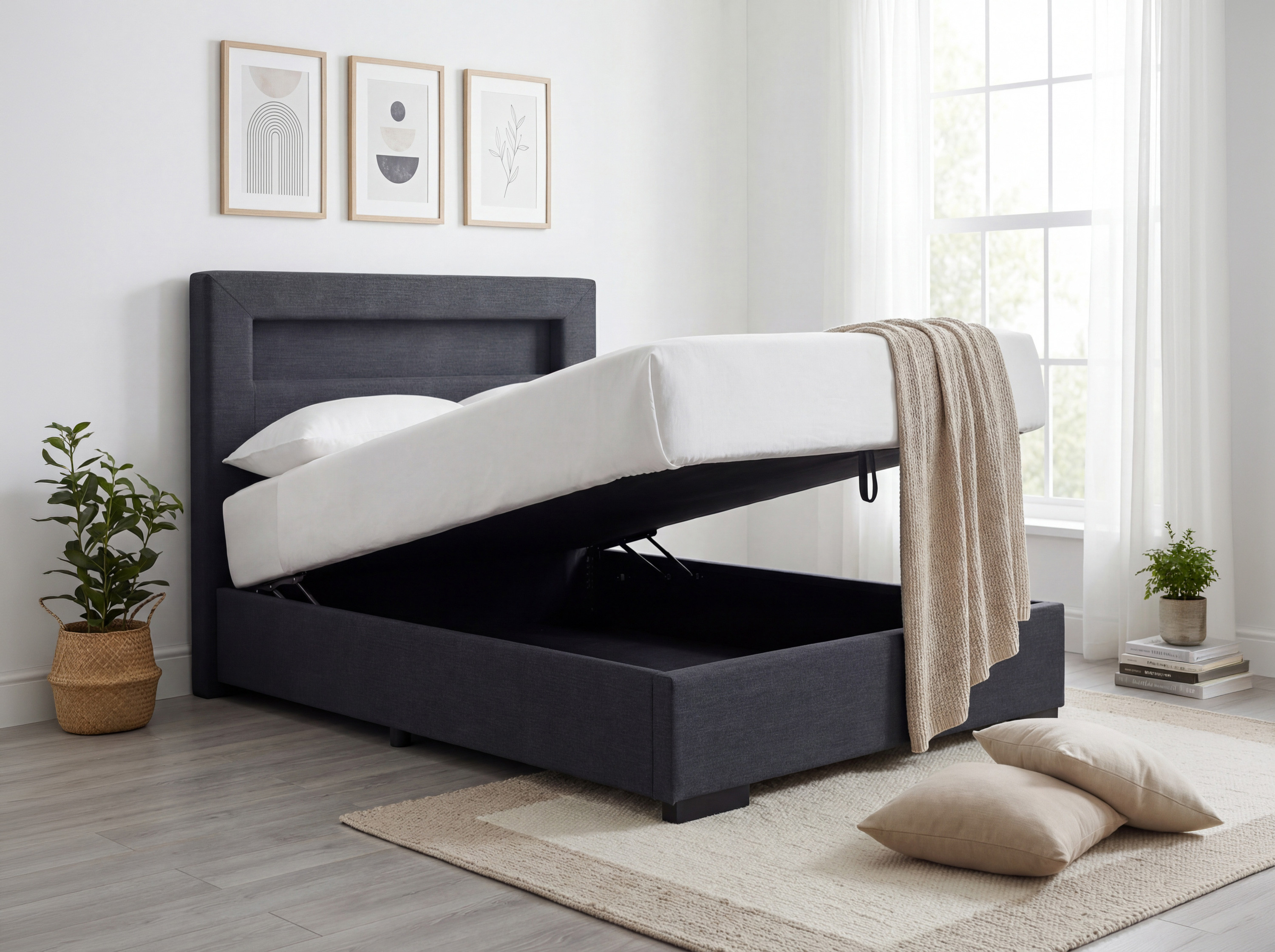 Bett 120 x 200 inklusive Matratze, Stauraum + LED