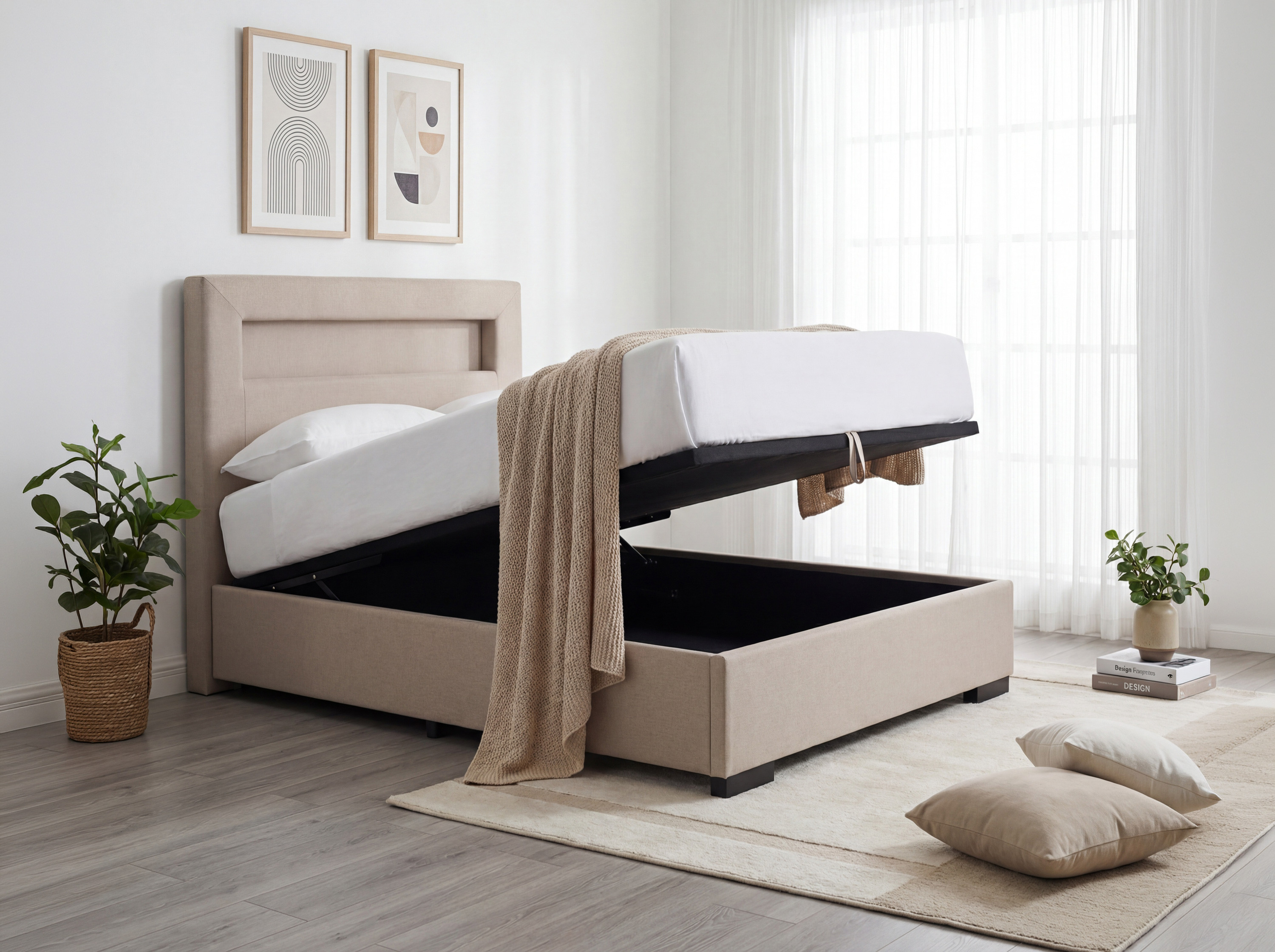 Bett 120 x 200 inklusive Matratze, Stauraum + LED