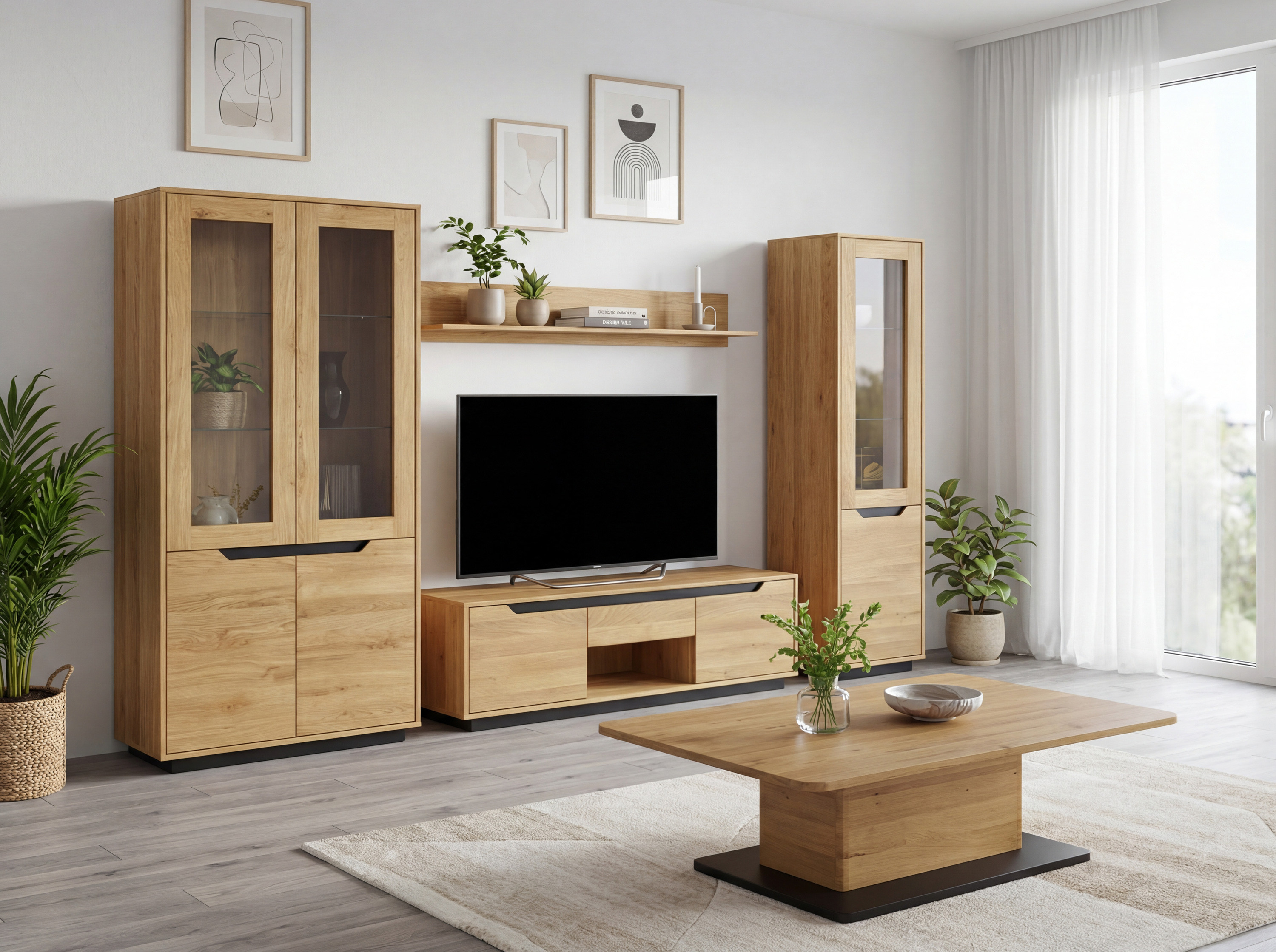 Moderne Wohnwand aus massiver Eiche, Eiche natural - Kollektion Budapest