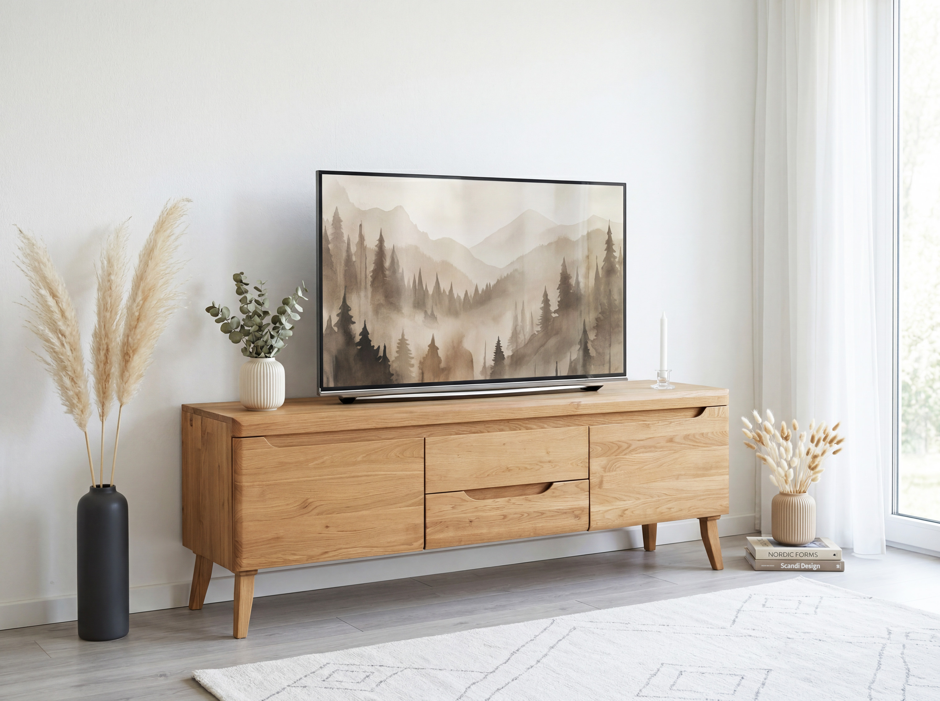 Praha tömör tölgy TV-szekrény – kidolgozás és soft-close rendszer részlet