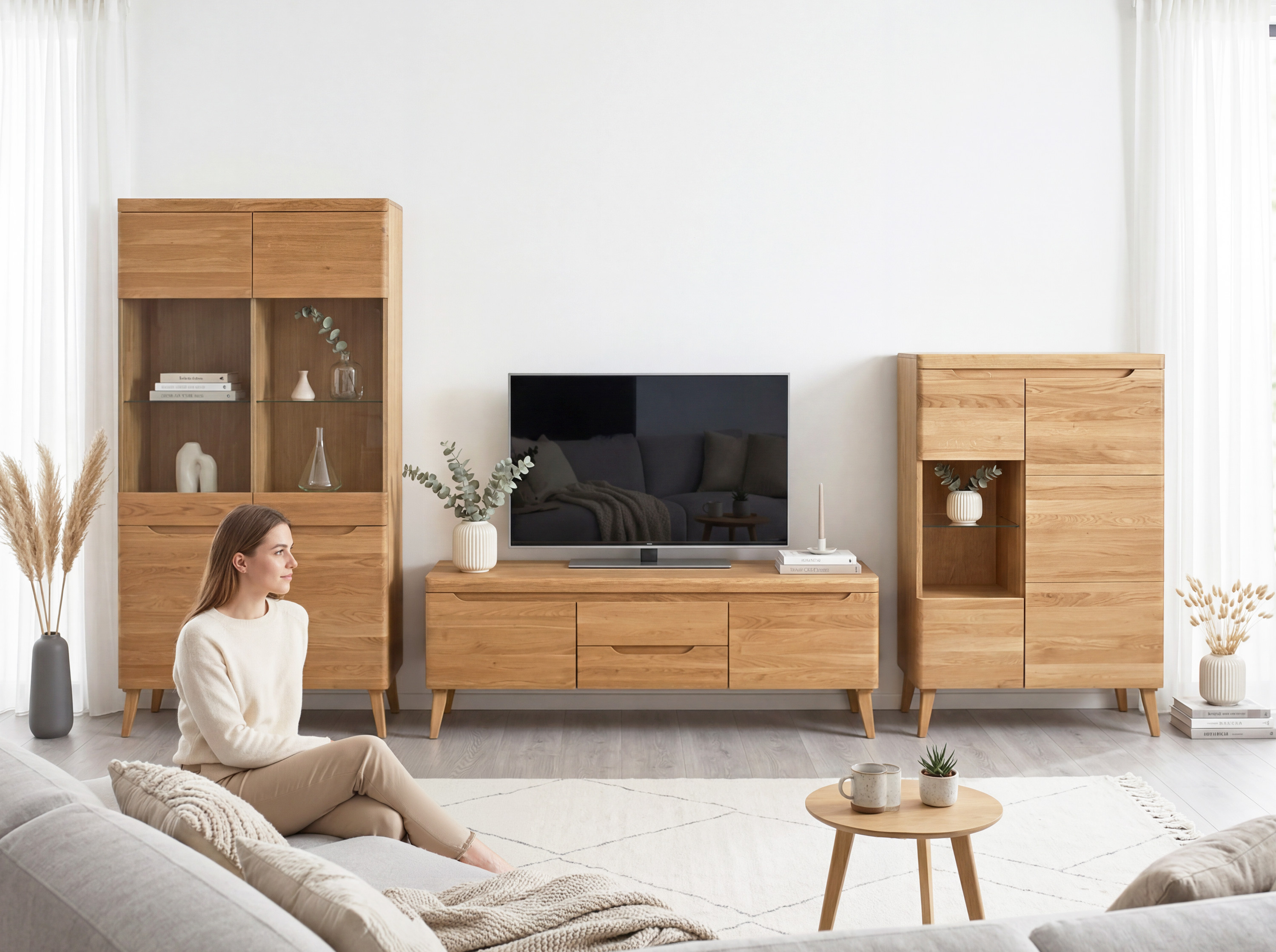 Praha tömör tölgy TV-szekrény – kidolgozás és soft-close rendszer részlet