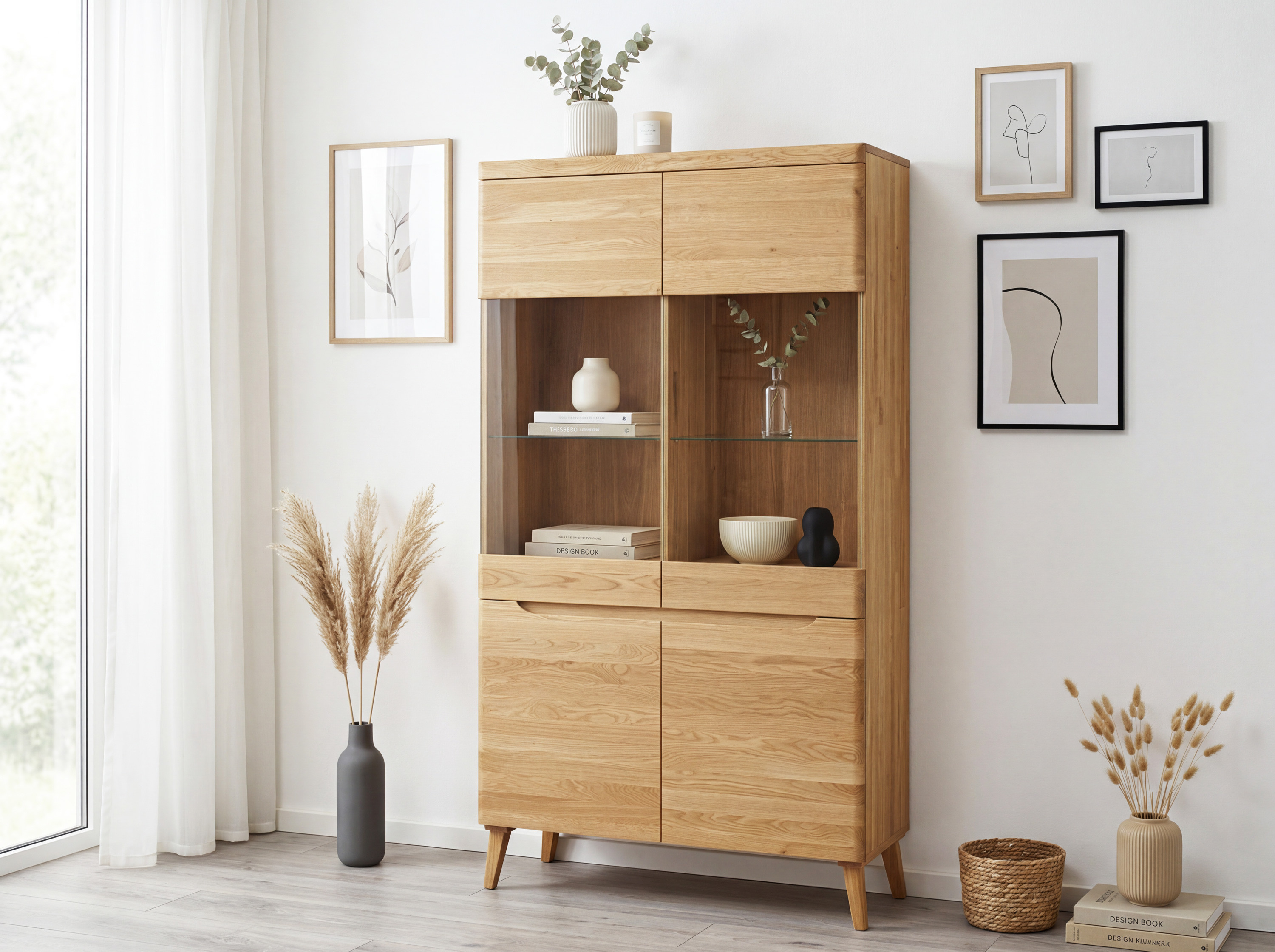 Tölgyfa kétszárnyú Praha vitrin skandináv dizájnban 107 cm