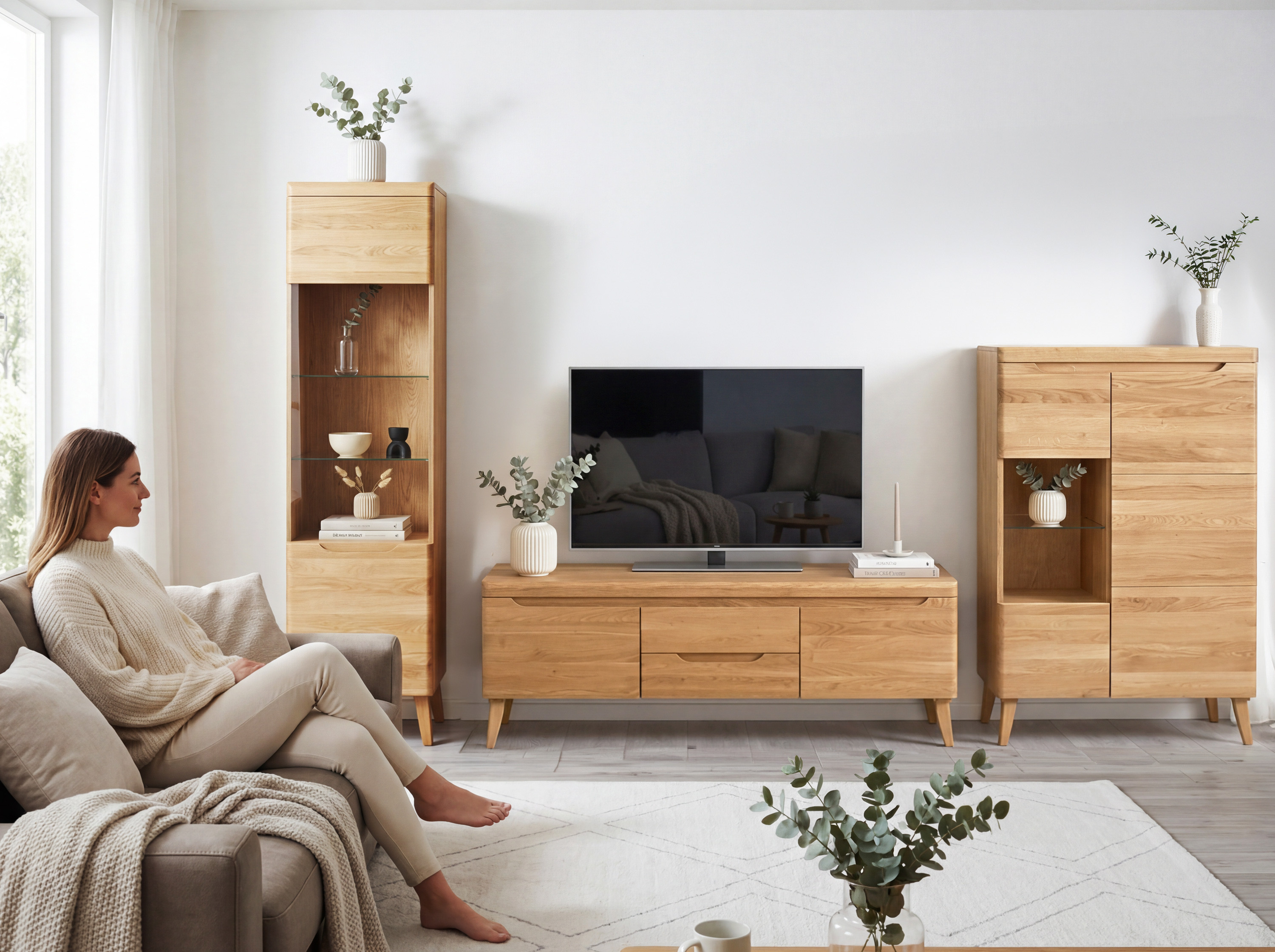 Masszív alacsony vitrines szekrény Praha – a skandináv kidolgozás részlete a kollekcióból