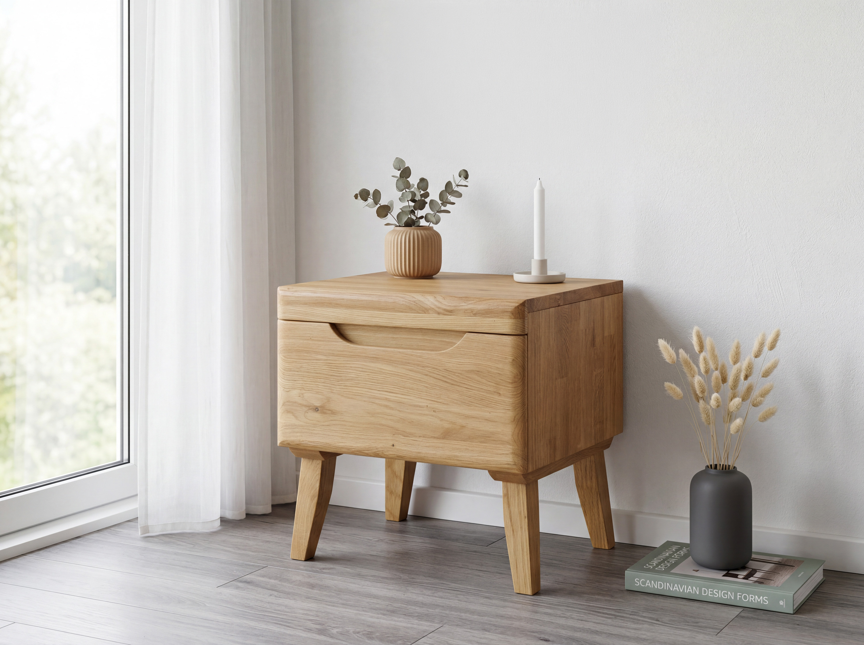 Prága tömör tölgy éjjeliszekrény lábakon – skandináv design