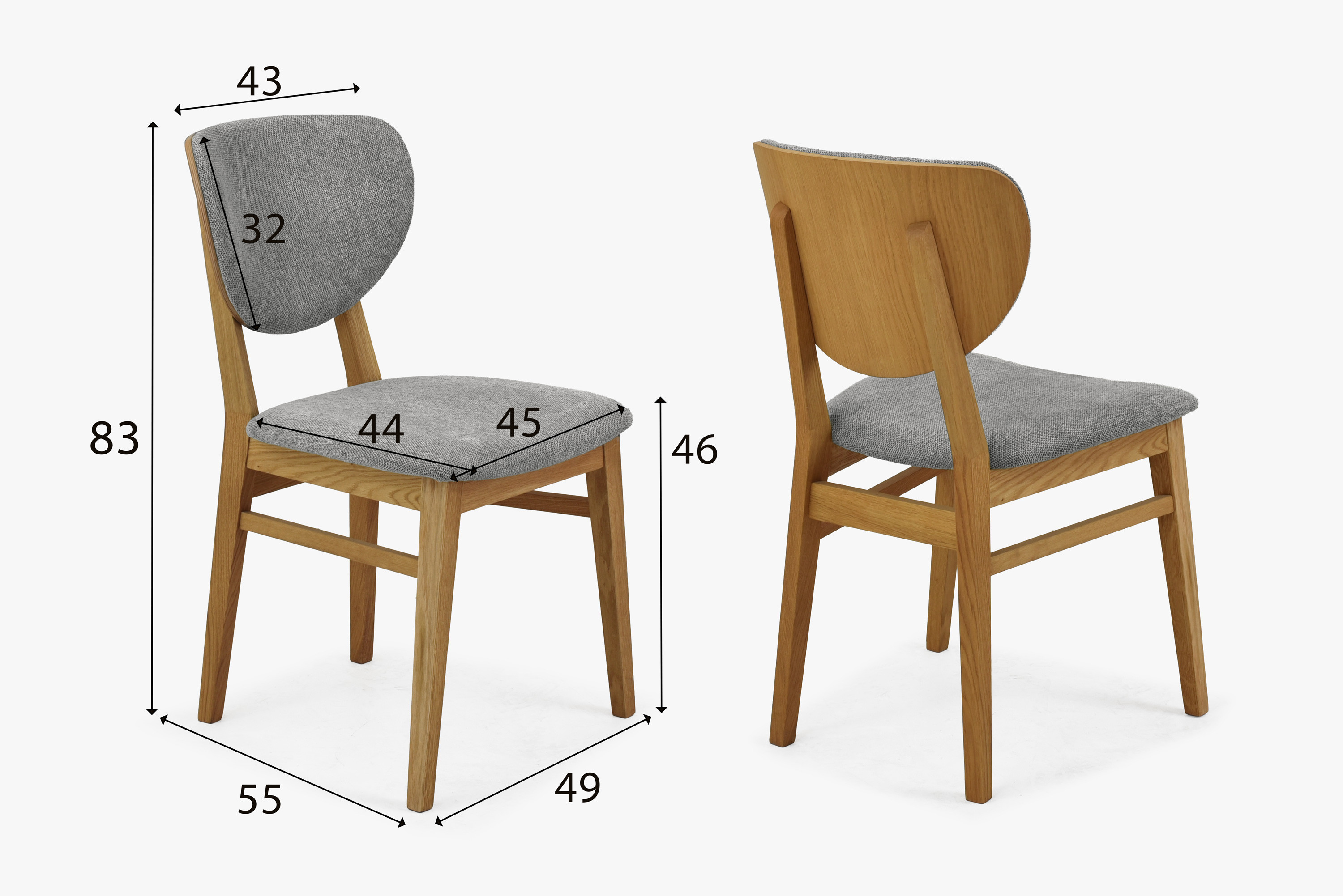 Jedálenská stolička Barca – rozmery dubovej čalúnenej stoličky