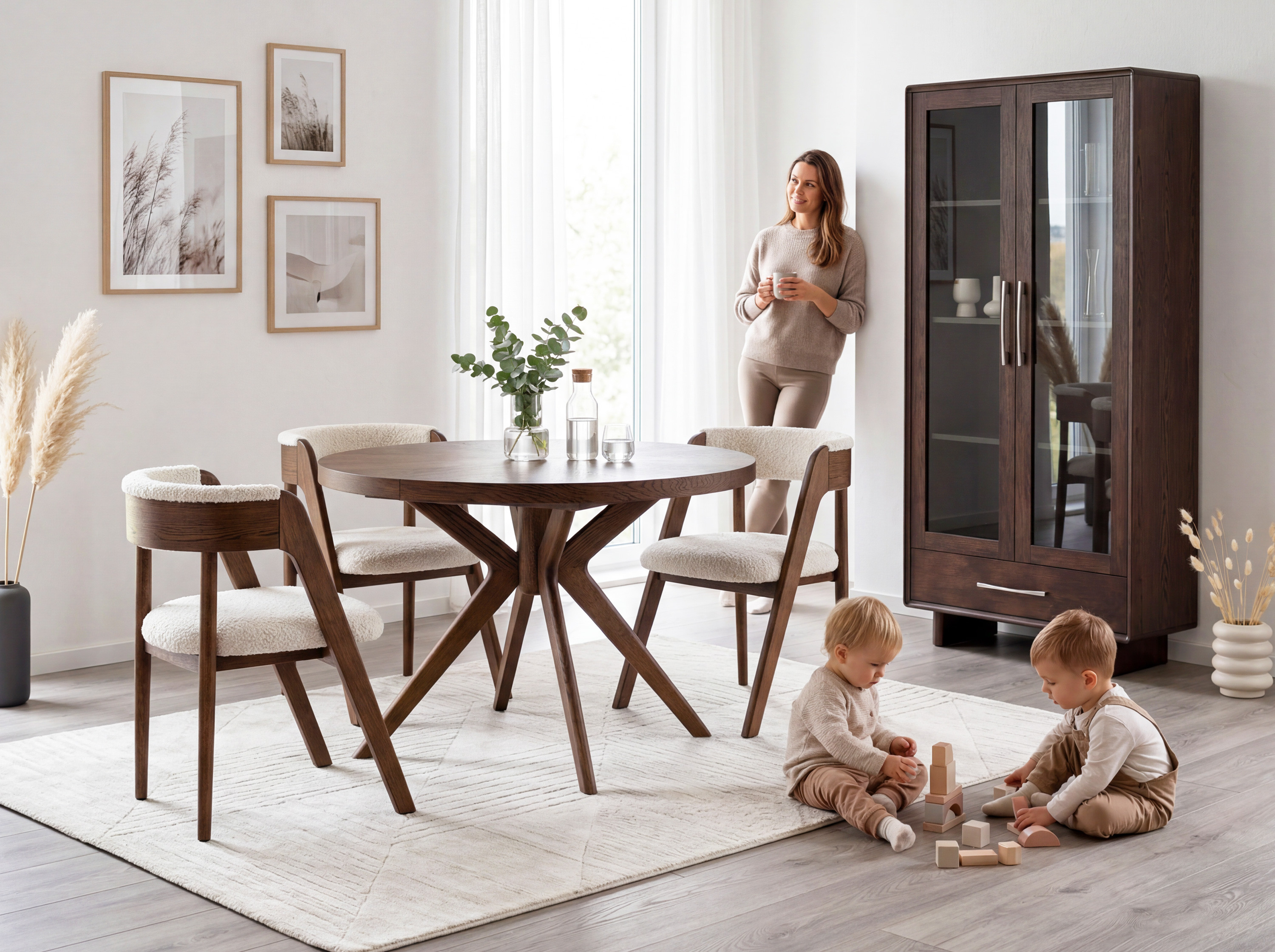 Runder ausziehbarer Tisch Nussbaum – Maße: Durchmesser 100 cm, ausgezogen 140 cm, Höhe 75 cm