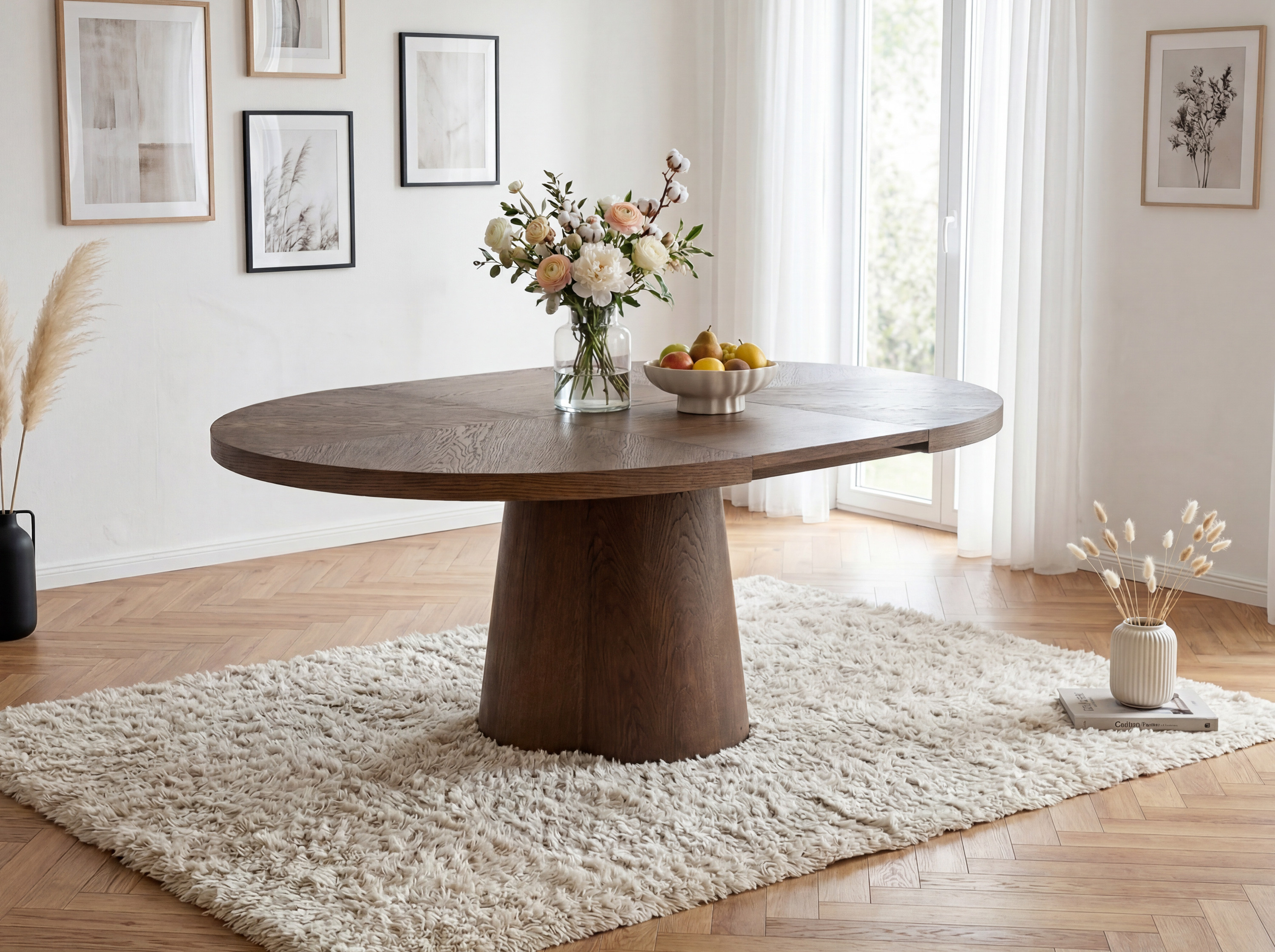 Kerek design Cloud asztal tölgyfurnérból, dió színben, 130 cm