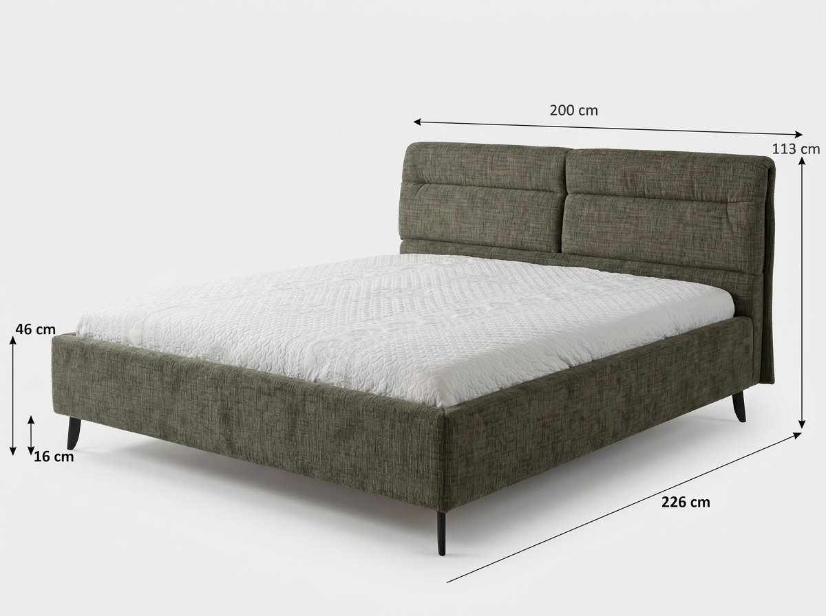 Abmessungen des gepolsterten Doppelbettes mit Stauraum – Liegefläche 160 oder 180 cm breit, Fußhöhe 16 cm