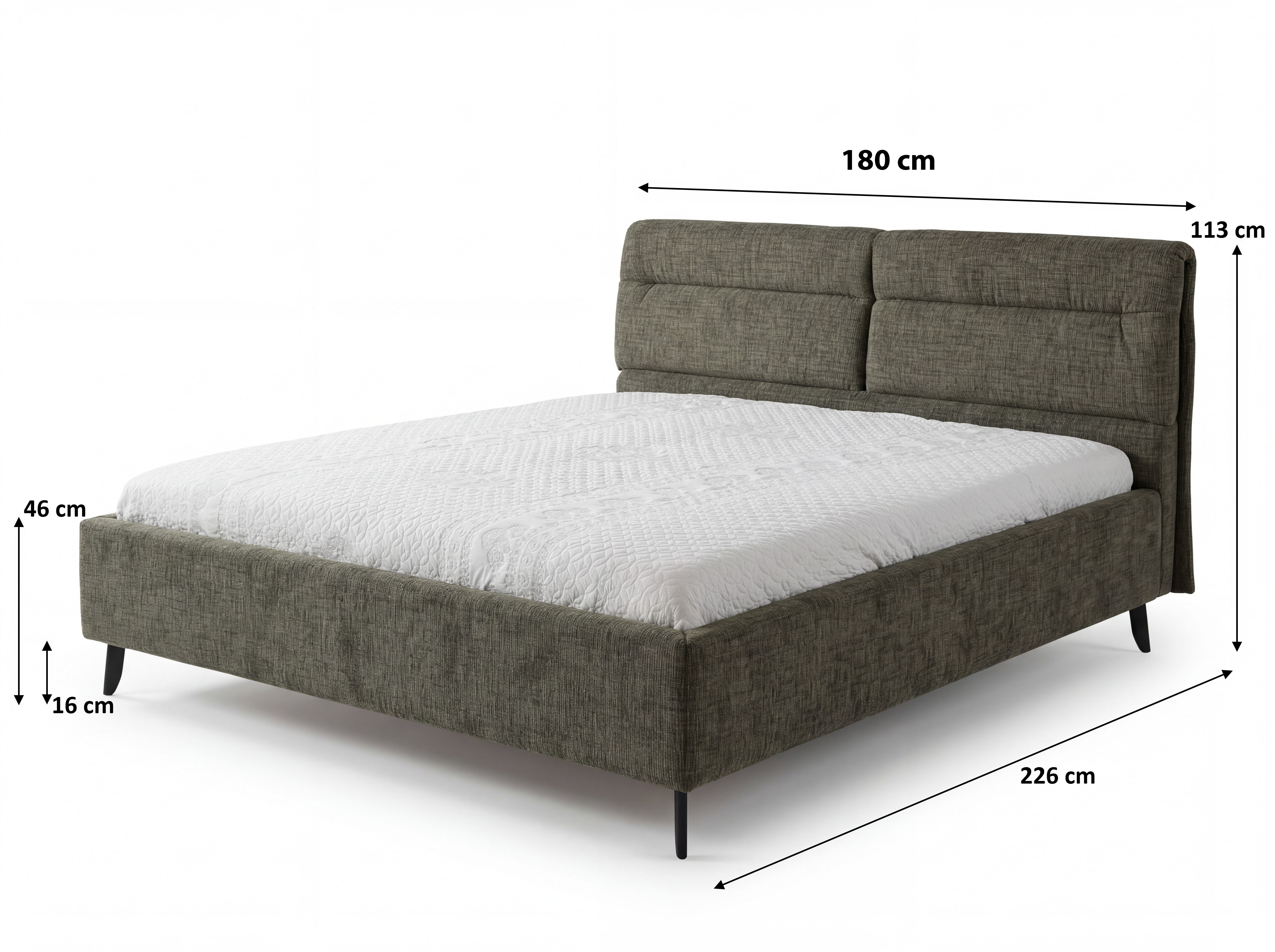 Rozmery čalúnenej manželskej postele s úložným priestorom – šírka lôžkovej plochy 160 alebo 180 cm, výška nôh 16 cm