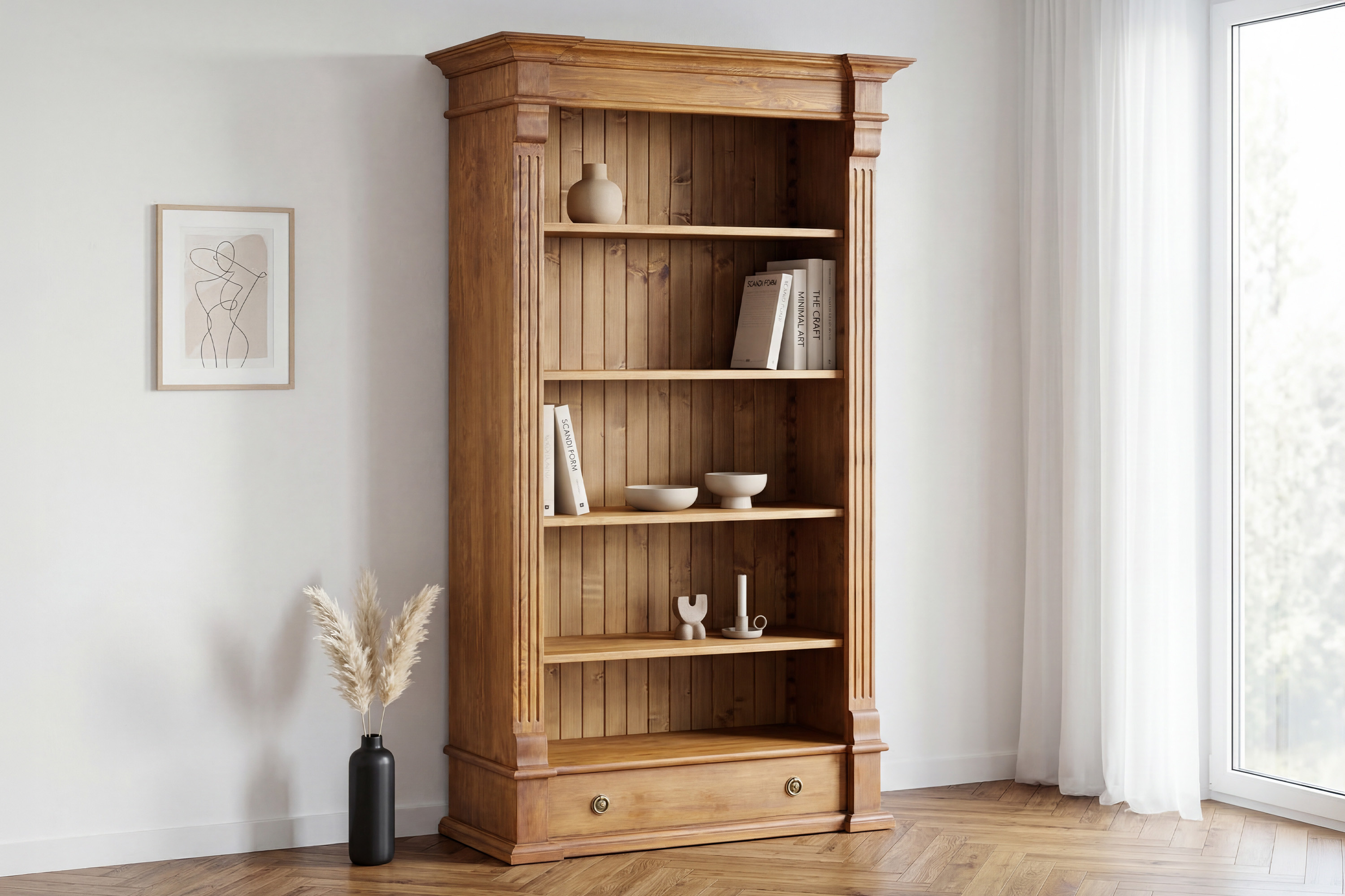 Knižnica Prestige REG-61 z masívnej borovice v hnedom laku s patinou