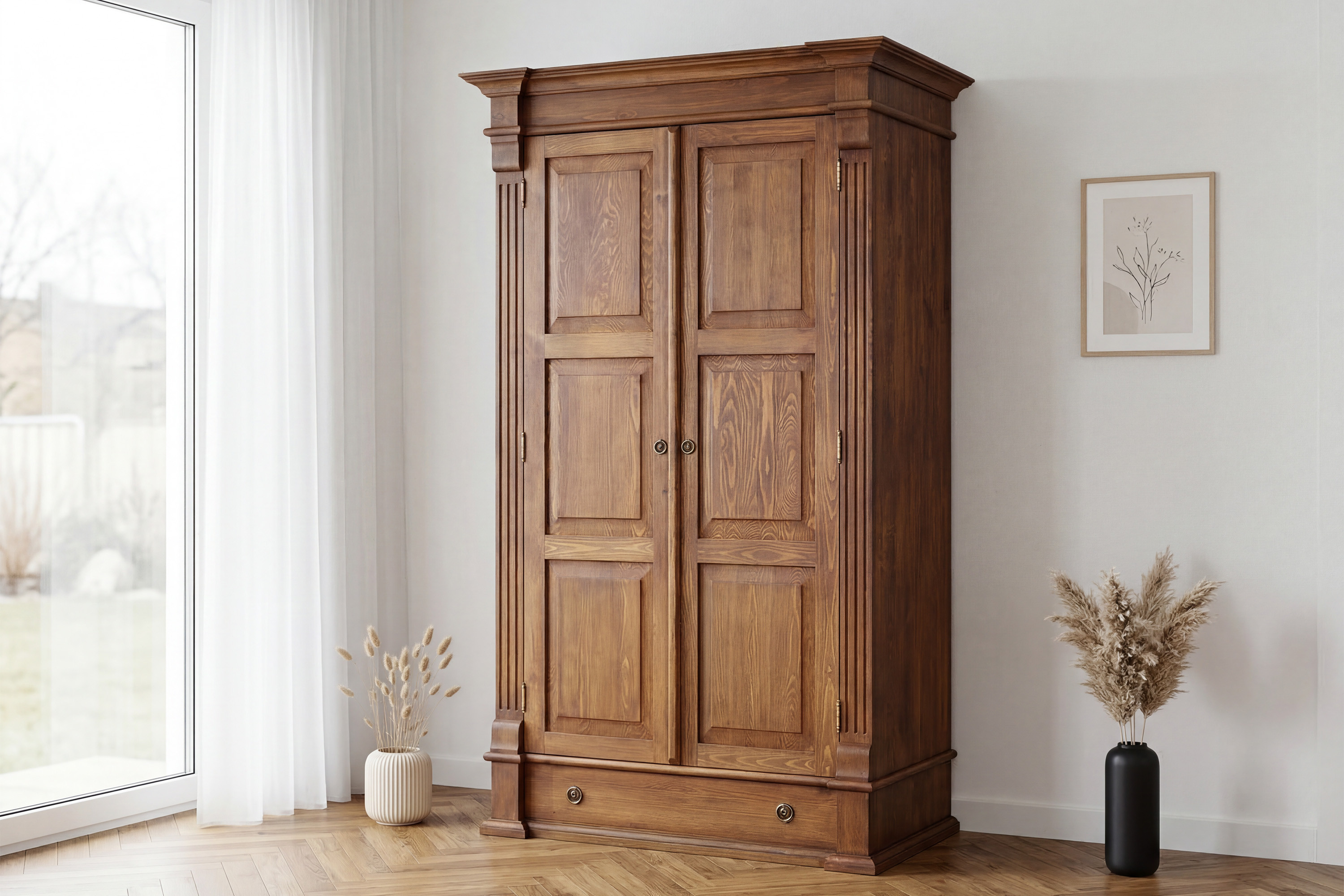 Šatníková skriňa Prestige D-SAW-67 A z masívnej borovice v hnedom laku s patinou