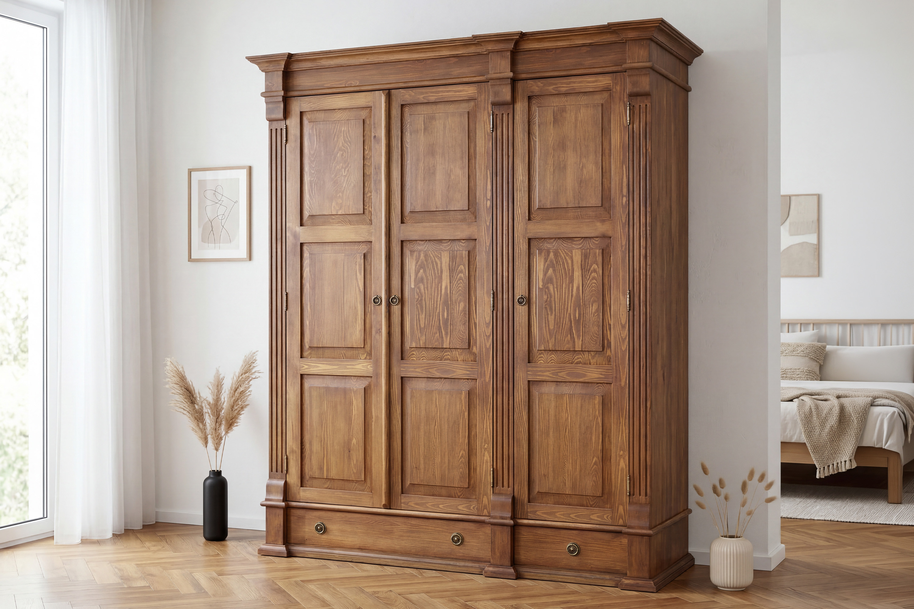 Šatníková skriňa Prestige D-SAW-68 B1 z masívnej borovice v hnedom laku s patinou