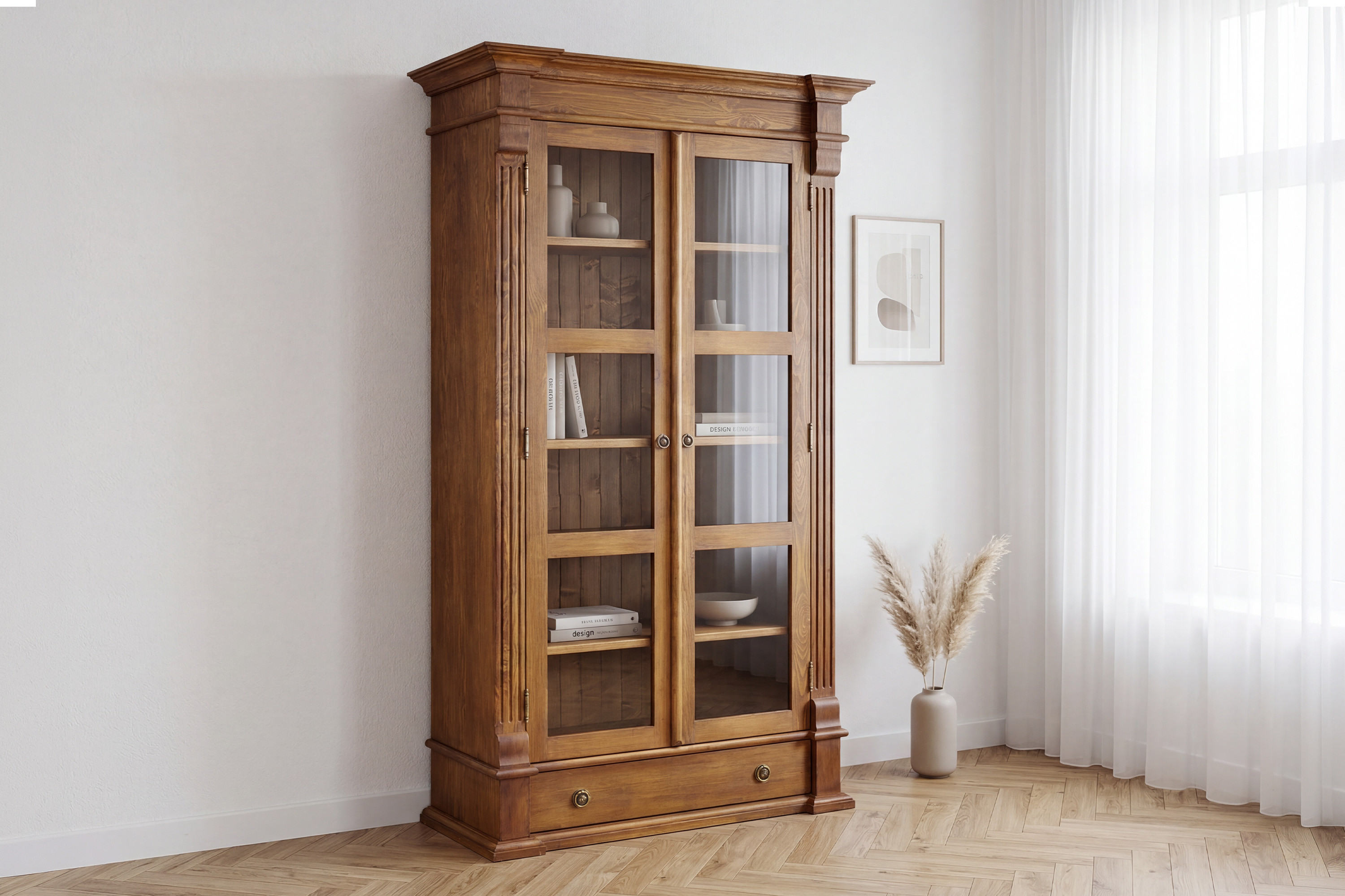 Knižnica s dvierkami Prestige z masívnej borovice v hnedom laku s patinou