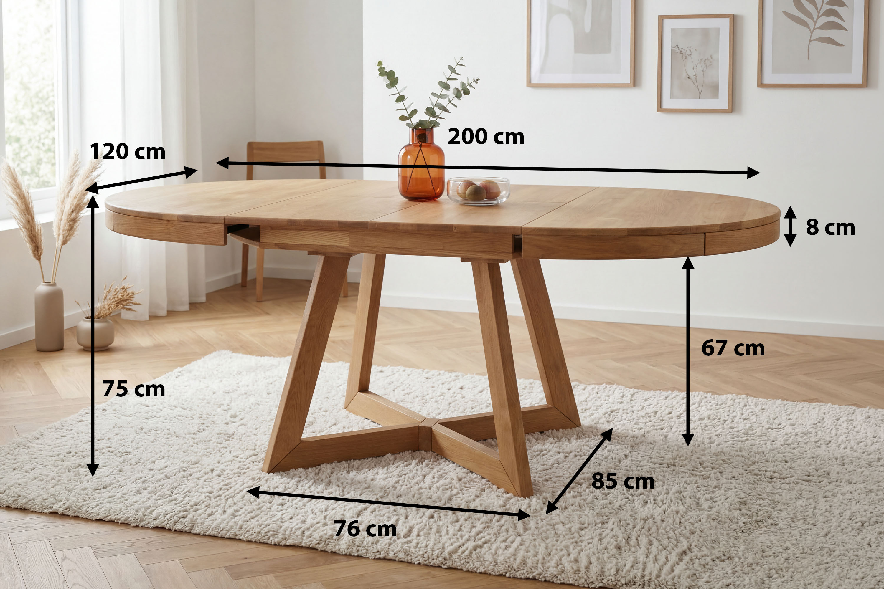 Rozmery rozkladacieho dubového stola Valencia: priemer 120 cm, dĺžka po rozložení 200 cm, výška 75 cm, výška po spodný okraj 67 cm, podnož 76 x 85 cm, hrúbka po okrajoch 8 cm