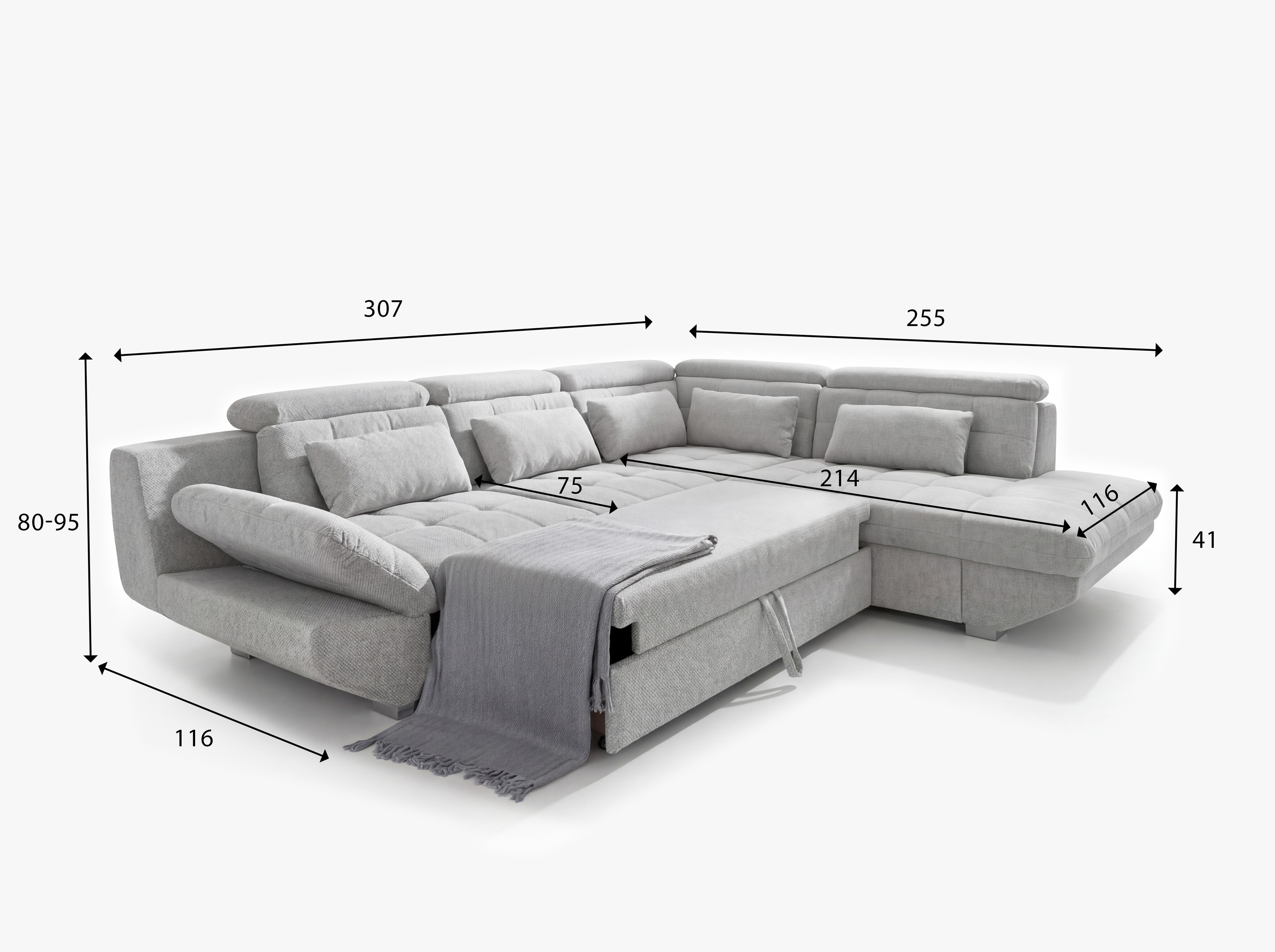 Ecksofa Eternity silbergrau – Maße 307 x 255 cm