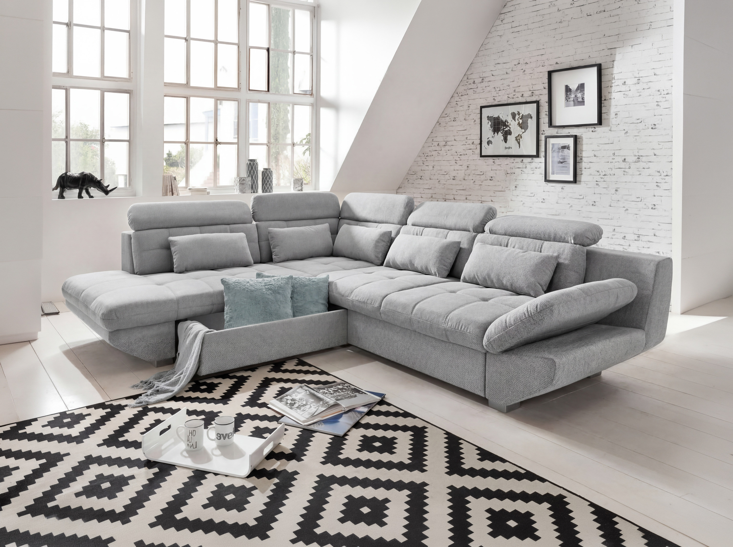 Rohová sedacia súprava Eternity striebristo sivá s prešívanými vankúšmi