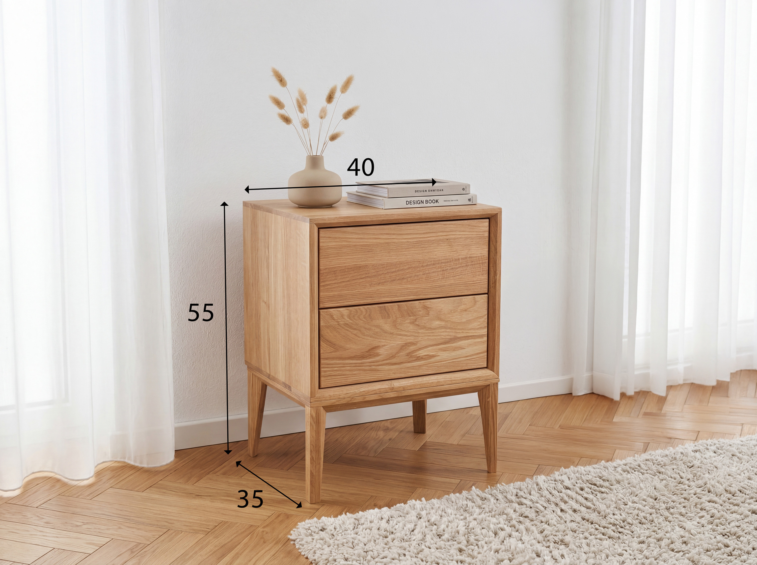 Maße der Eichen-Nachtkonsole Oslo – Breite 40 cm, Höhe 55 cm, Tiefe 35 cm