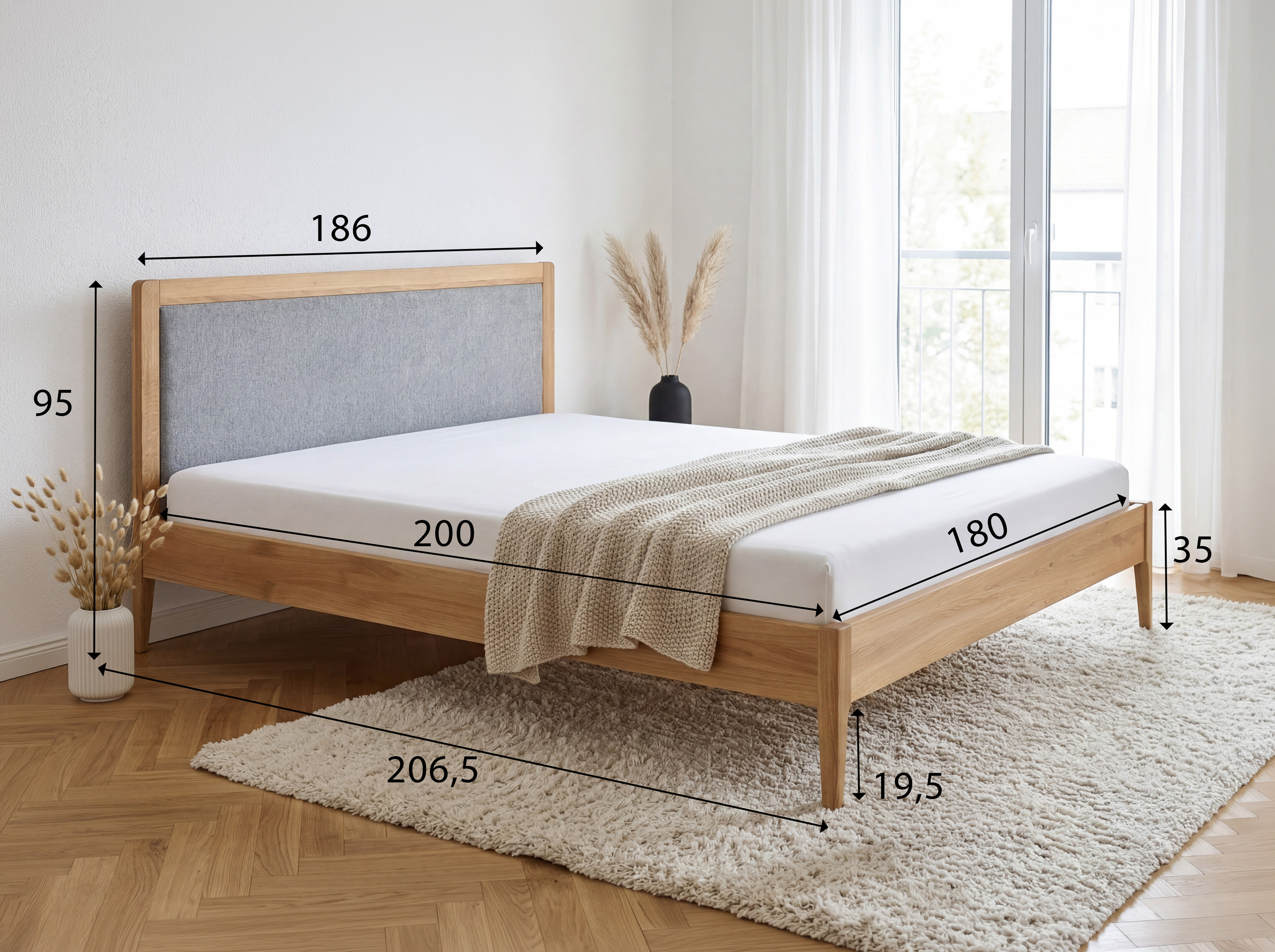 Dubová posteľ Praha 180x200 s čalúneným čelom – rozmerový nákres