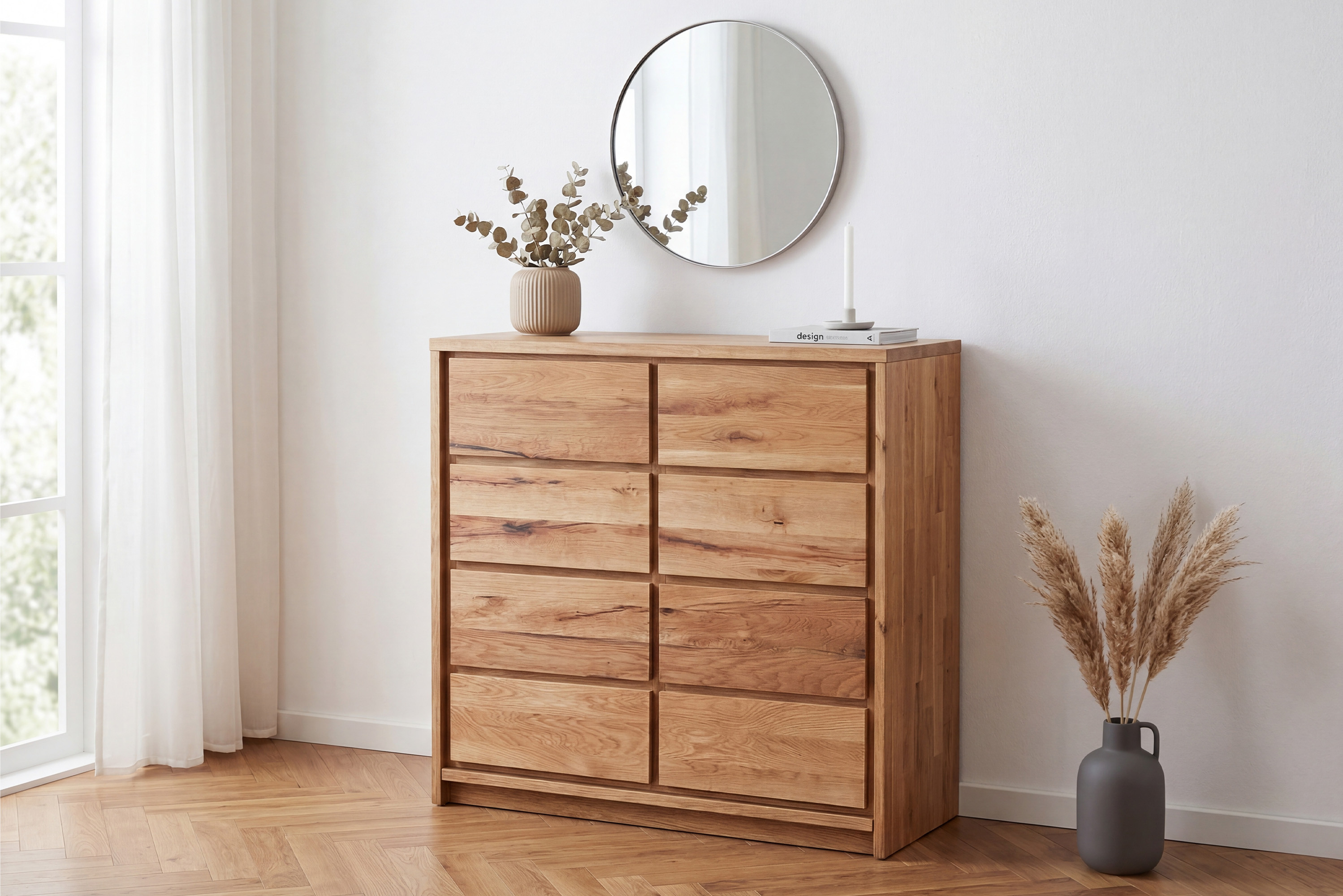 Eichenkommode Oregon 2D+2Z – Detail der geöffneten Türen und Schubladen