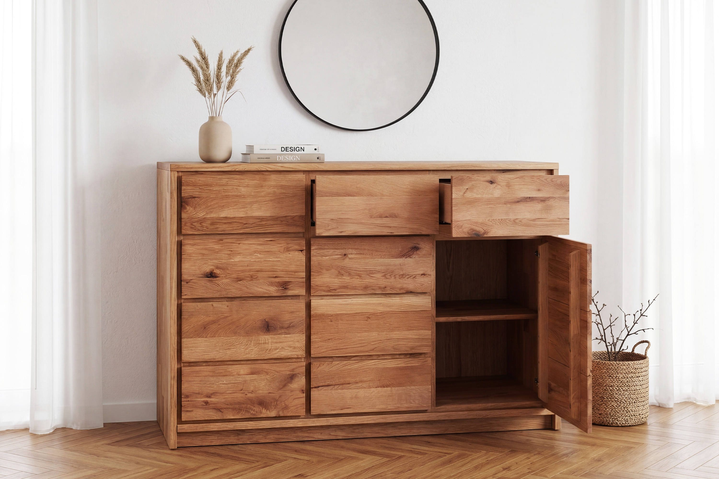Kommode Oregon 3D+3Z – Detail geöffneter Türen und Schubladen aus Wild-Eiche