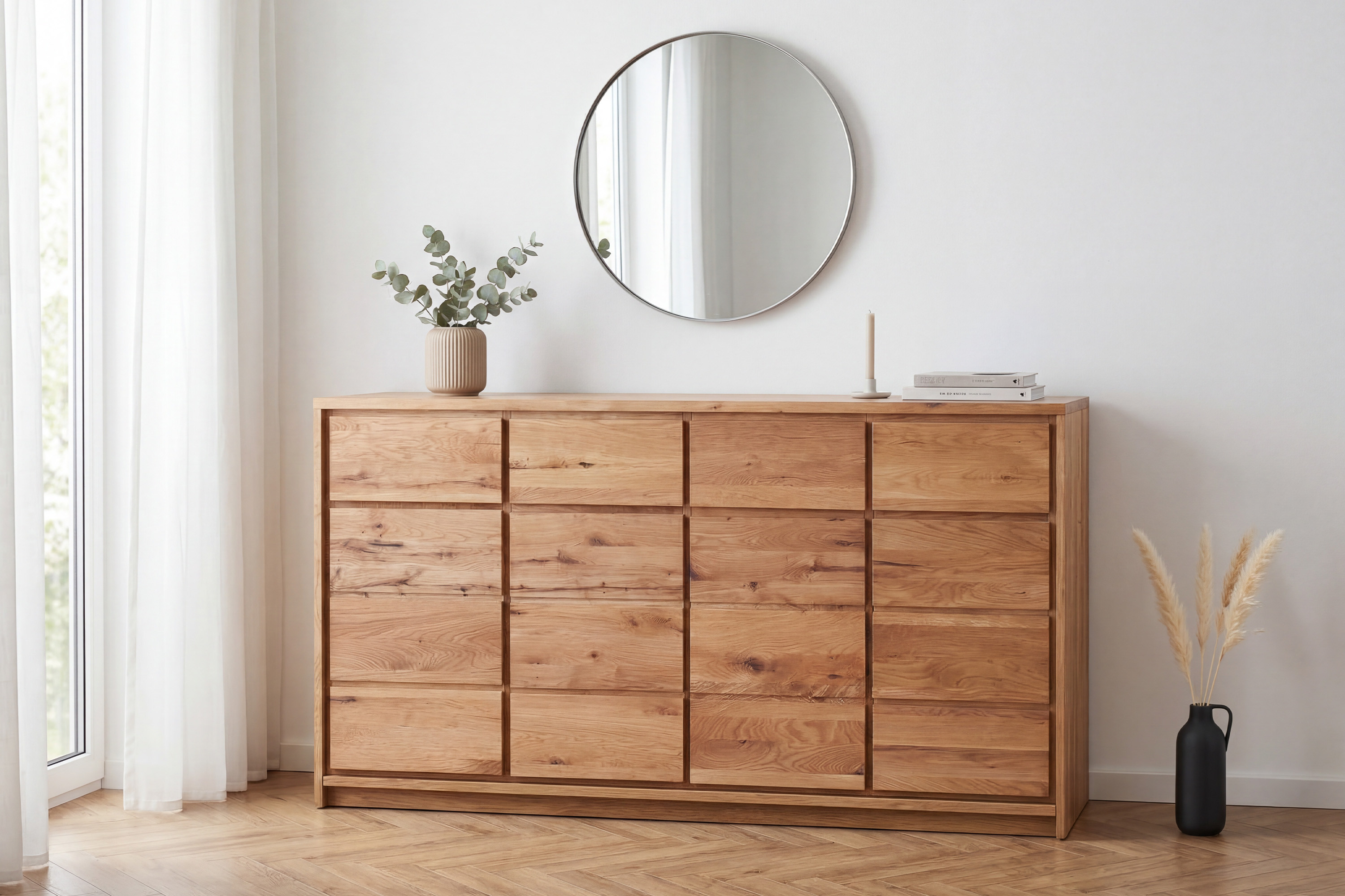 Breite massive Eichen-Kommode Oregon 4D+4Z aus wildem Eichenholz mit vier Türen und Schubladen