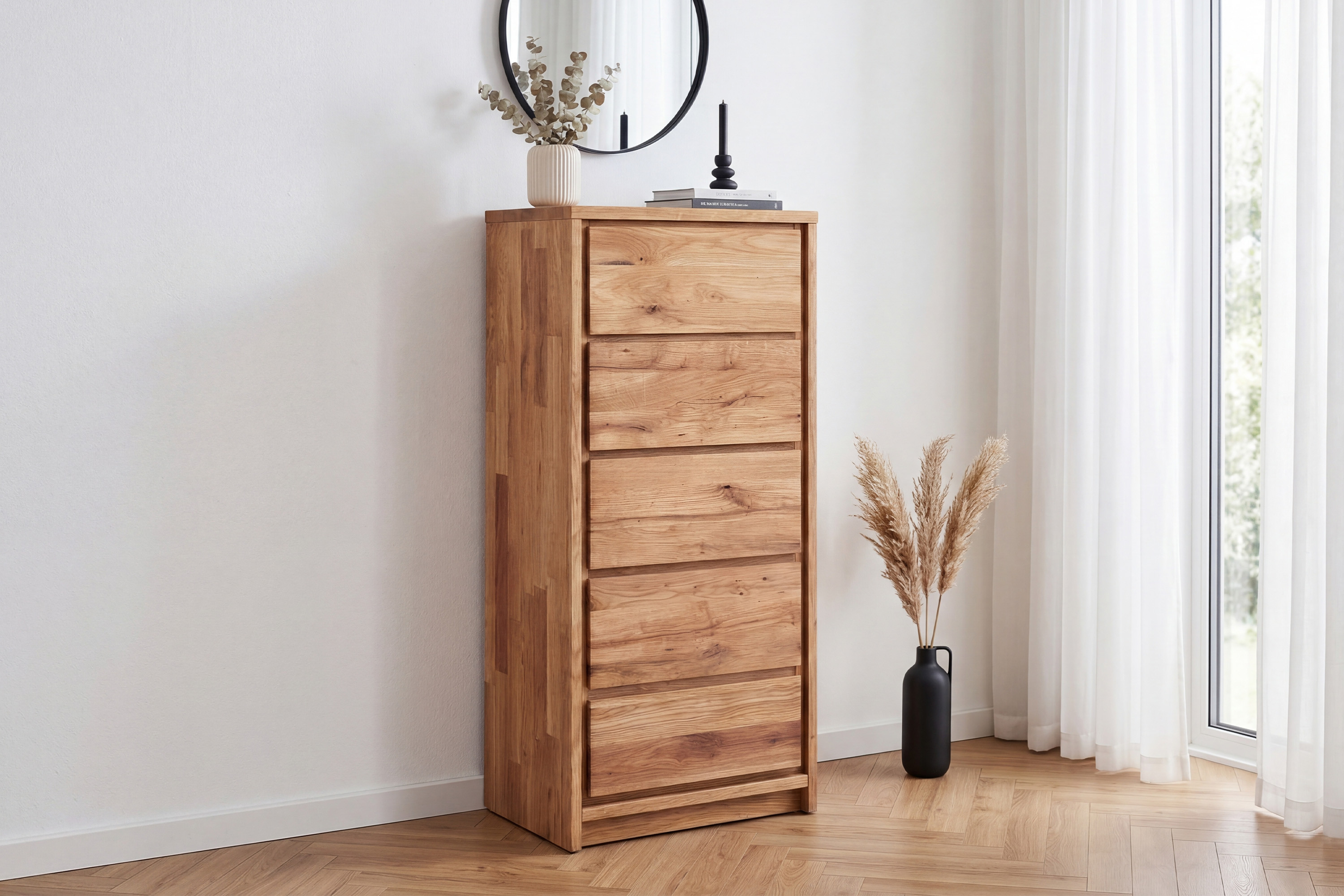 Schmale hohe massive Kommode Oregon 5Z aus wildem Eichenholz mit fünf Schubladen