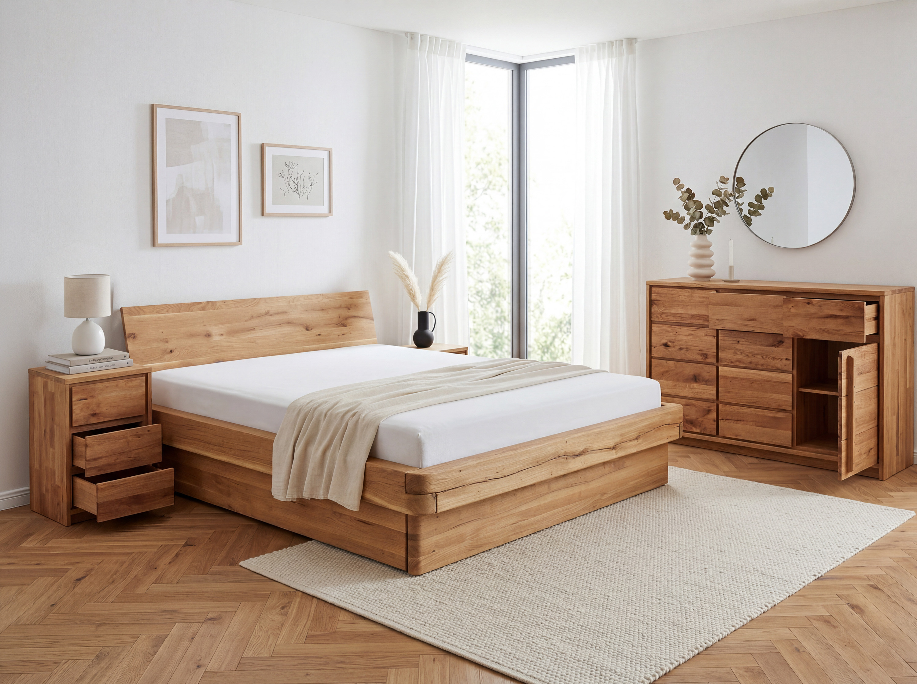 Eiche Nachttisch Oregon – Maße Breite 47 cm, Höhe 76 cm, Tiefe 42 cm