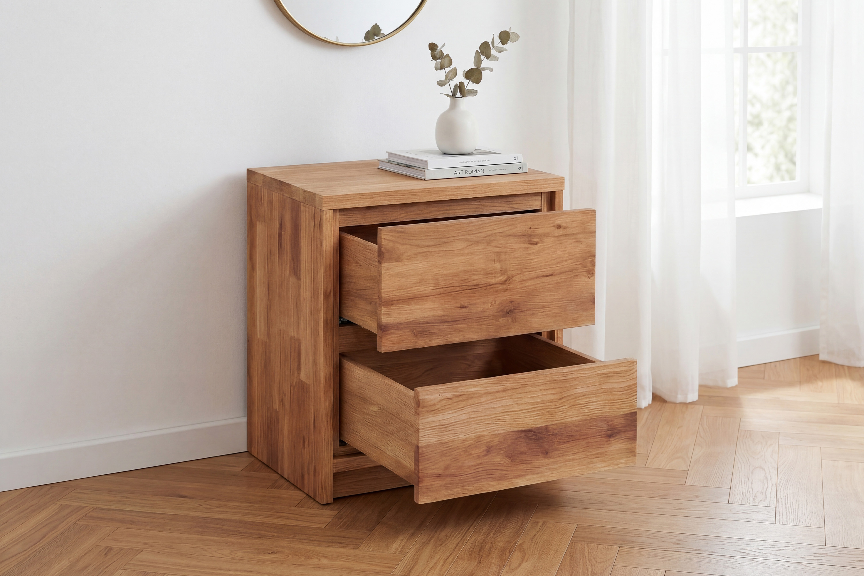 Kompakter Eichen-Nachttisch Oregon aus Wild-Eiche mit zwei Schubladen