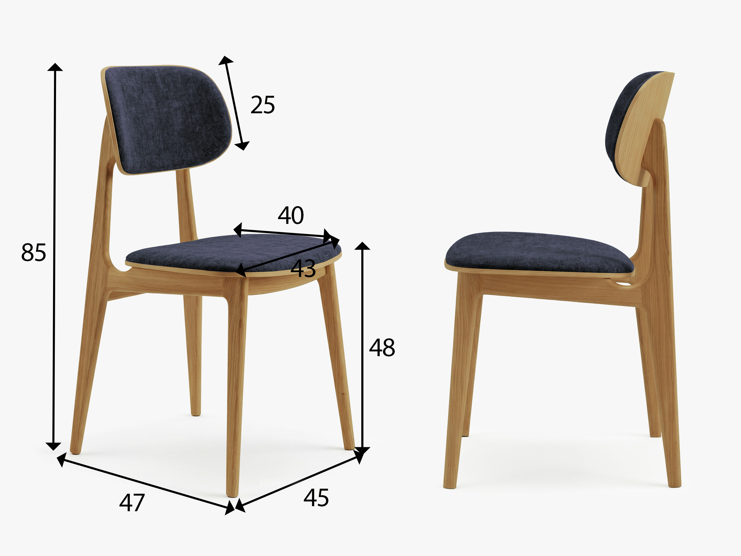 Rozmery čalúnenej jedálenskej stoličky Vard – výška 85 cm, šírka 45 cm, hĺbka 47 cm
