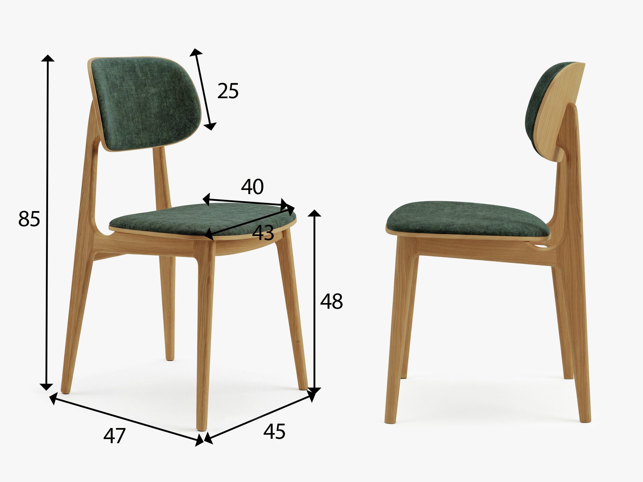A Vard kárpitozott étkezőszék méretei – magasság 85 cm, szélesség 45 cm, mélység 47 cm