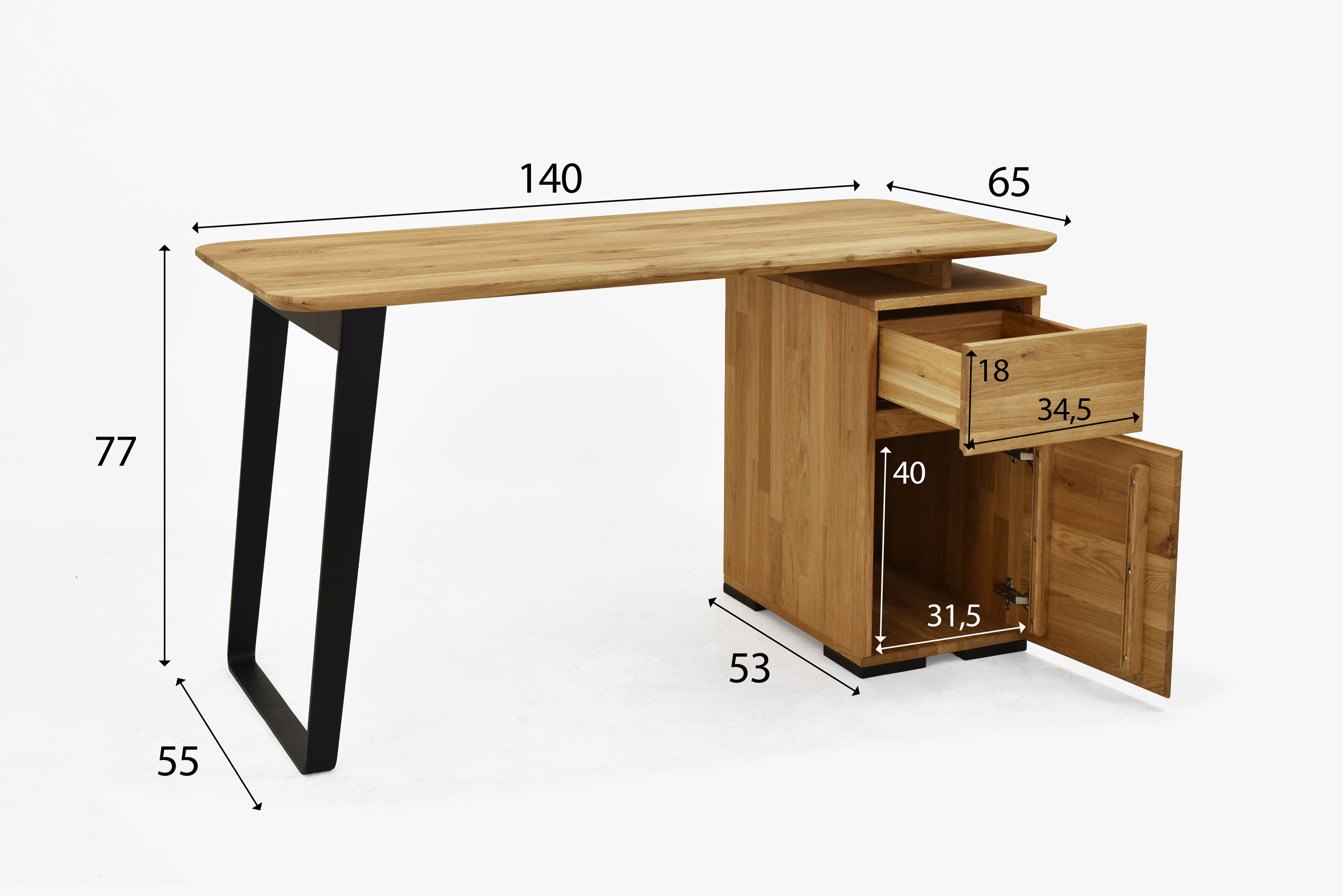 Dubový písací stôl Albero 140 × 65 cm – rozmery a technický nákres