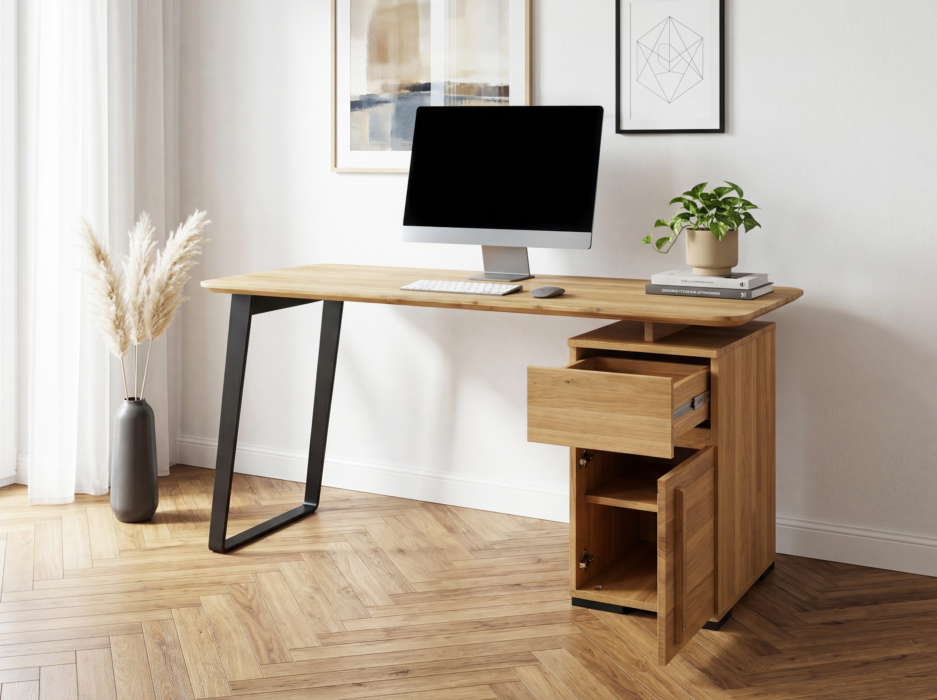 Masívny dubový písací stôl Albero 140 × 65 cm s kovovou nohou