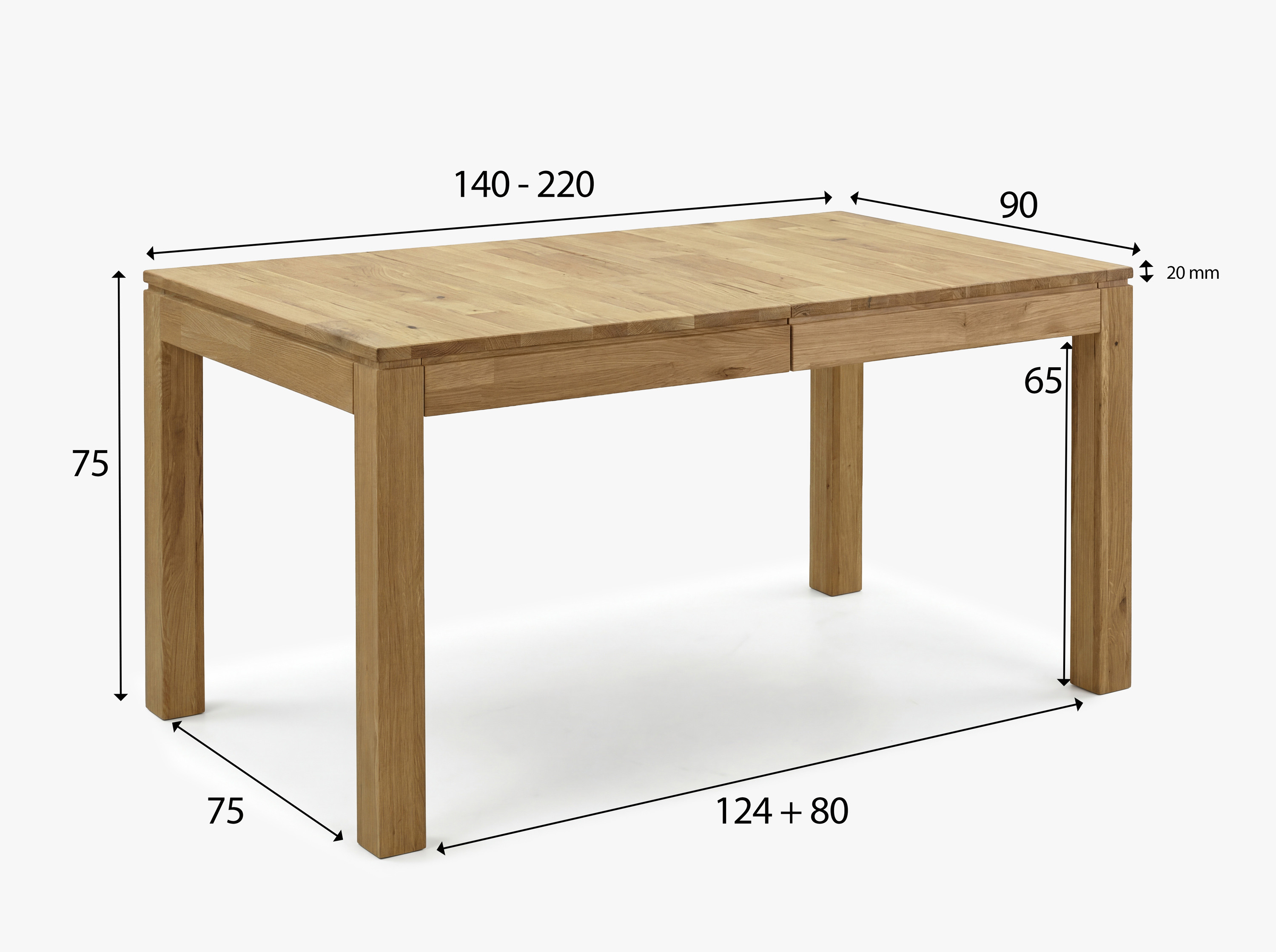 Abmessungen des ausziehbaren Tisches Matuš 140 x 90 cm mit Auszug auf 180 und 220 cm