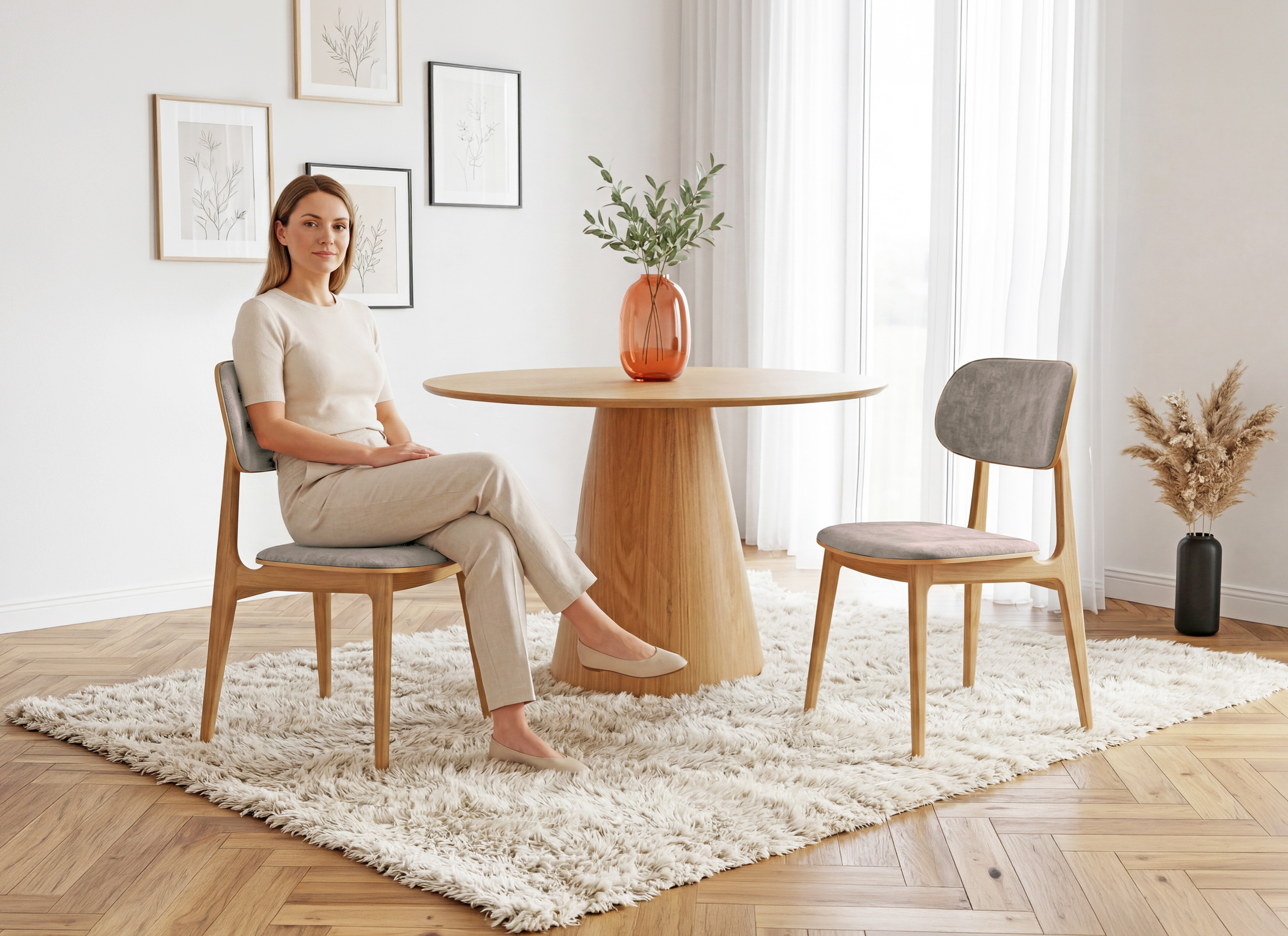 Dizajnová dubová stolička Vard s látkovým čalúnením Mistral v farbe taupe