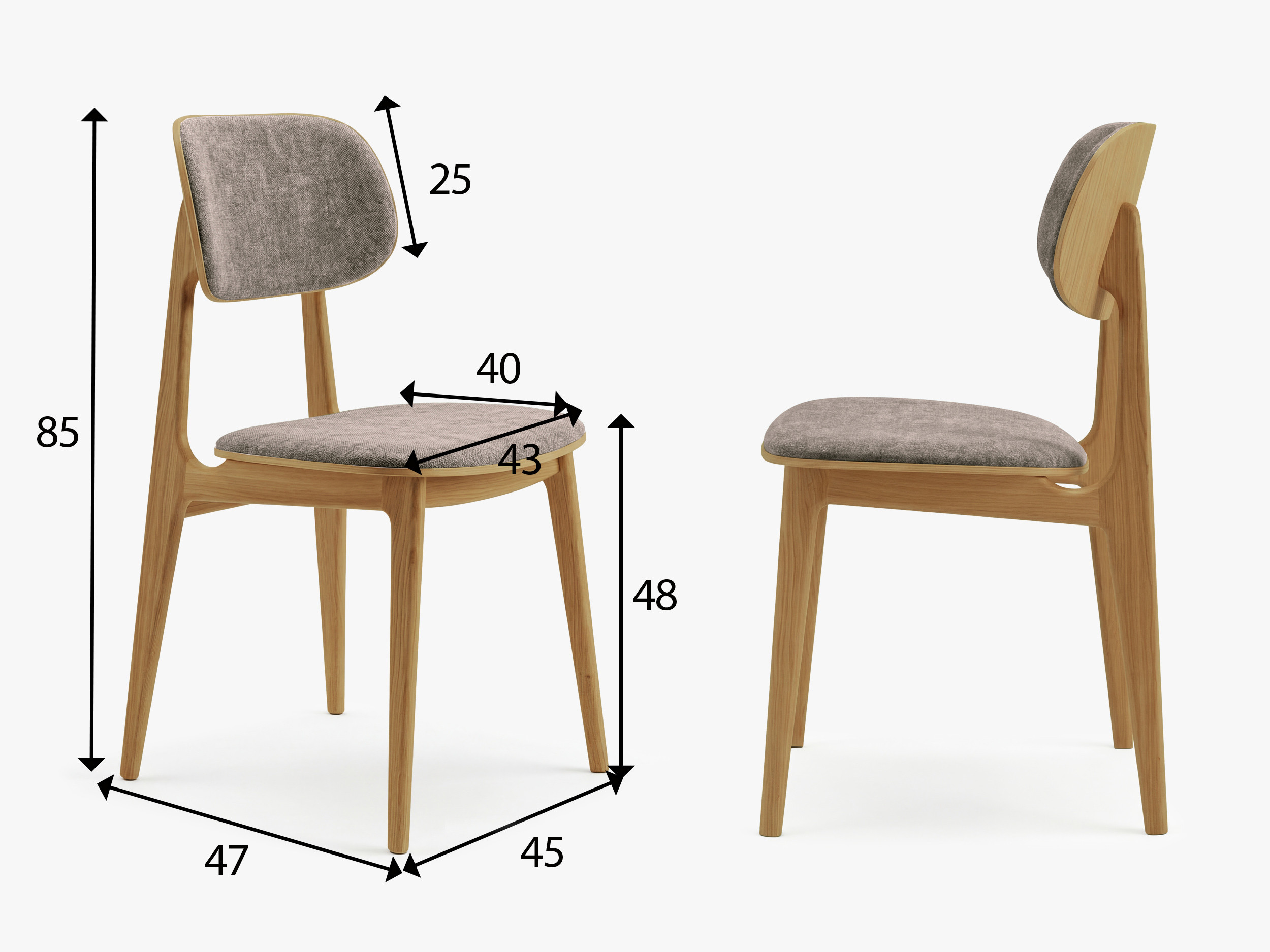 Rozmery čalúnenej jedálenskej stoličky Vard – výška 85 cm, šírka 45 cm, hĺbka 47 cm