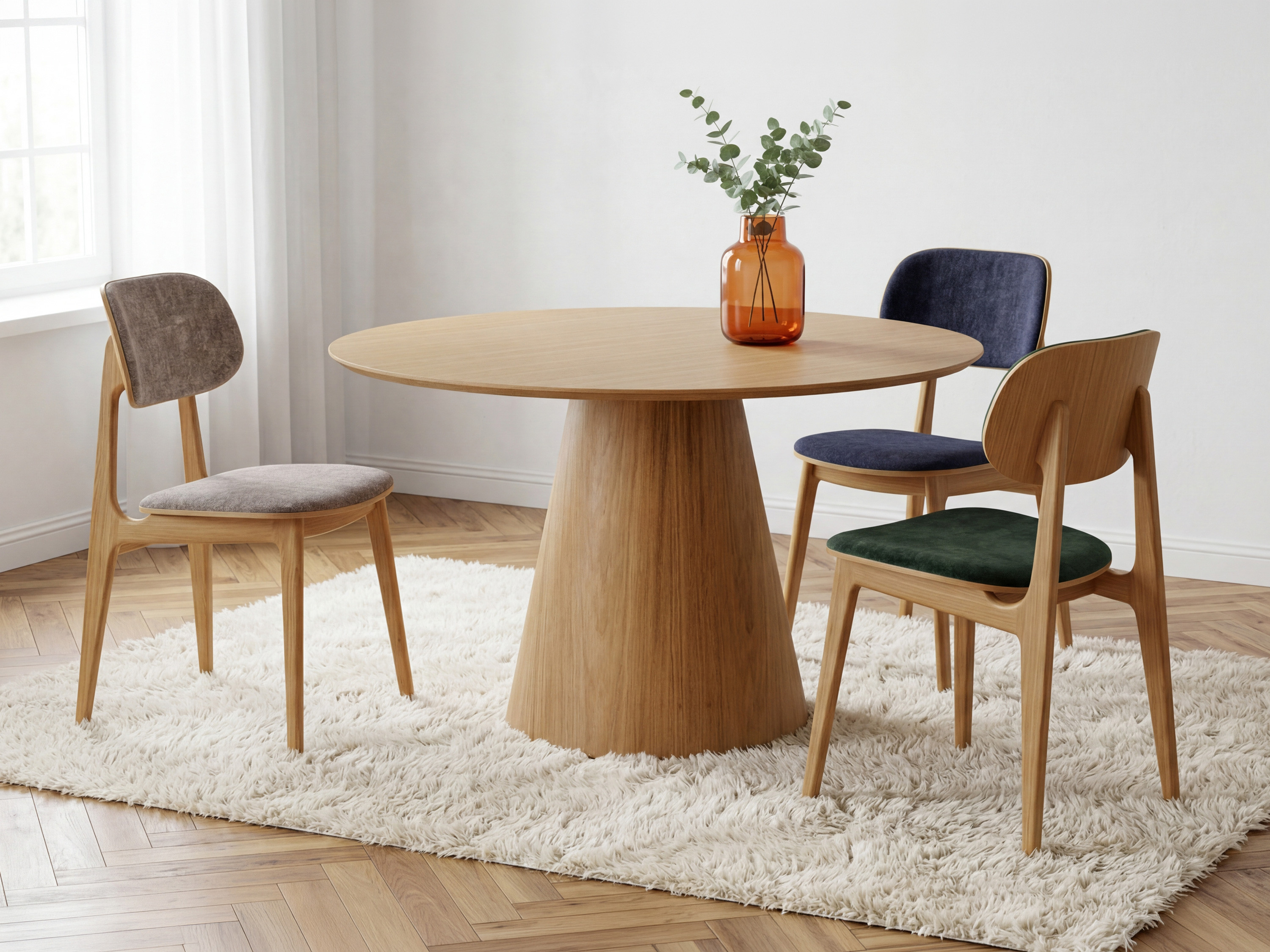 Designos kerek asztal kúpos lábbal – natúr tölgy furnér