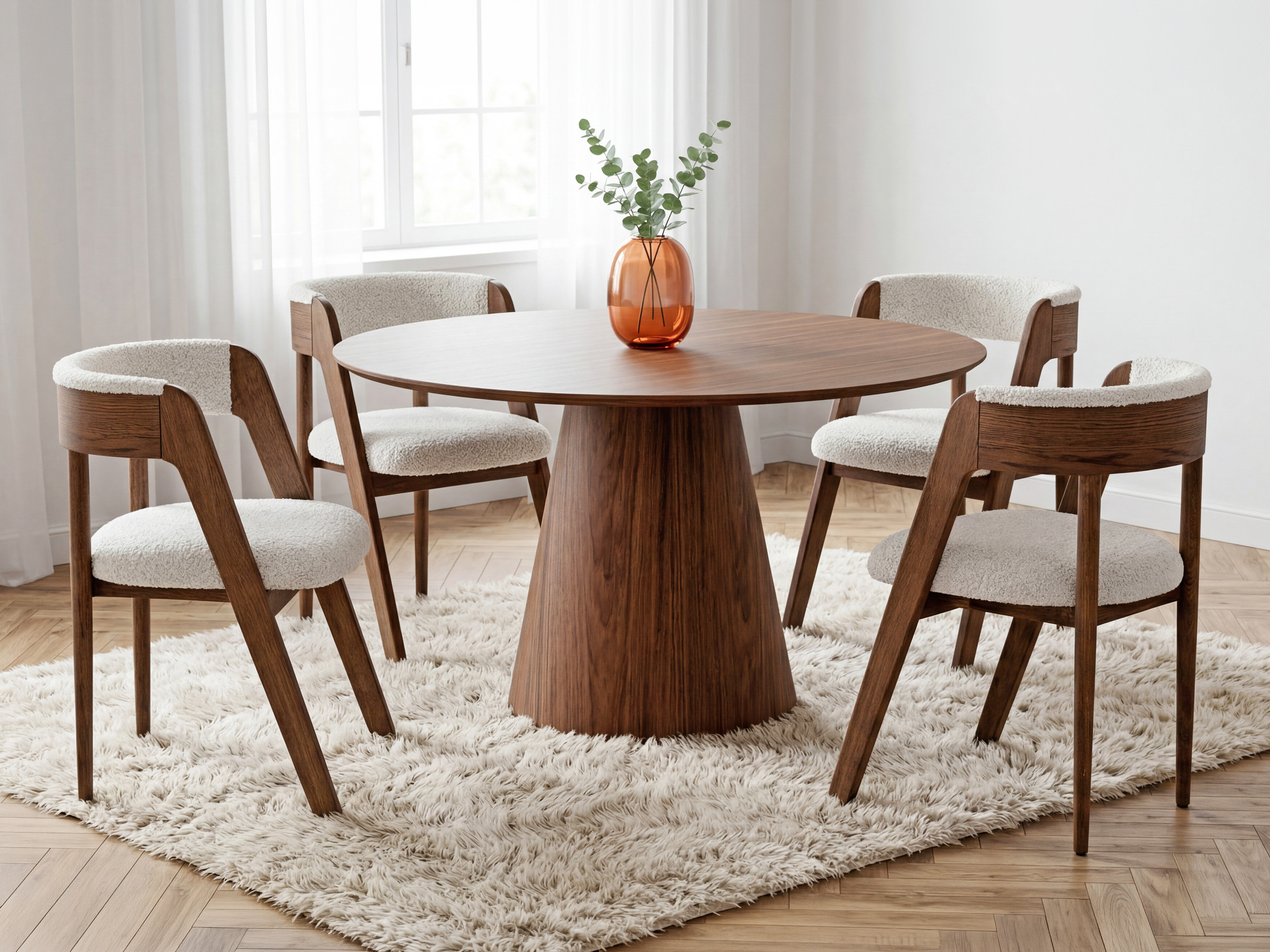 Kerek étkezőasztal tölgy furnér bordó-dió színben kúpos lábbal