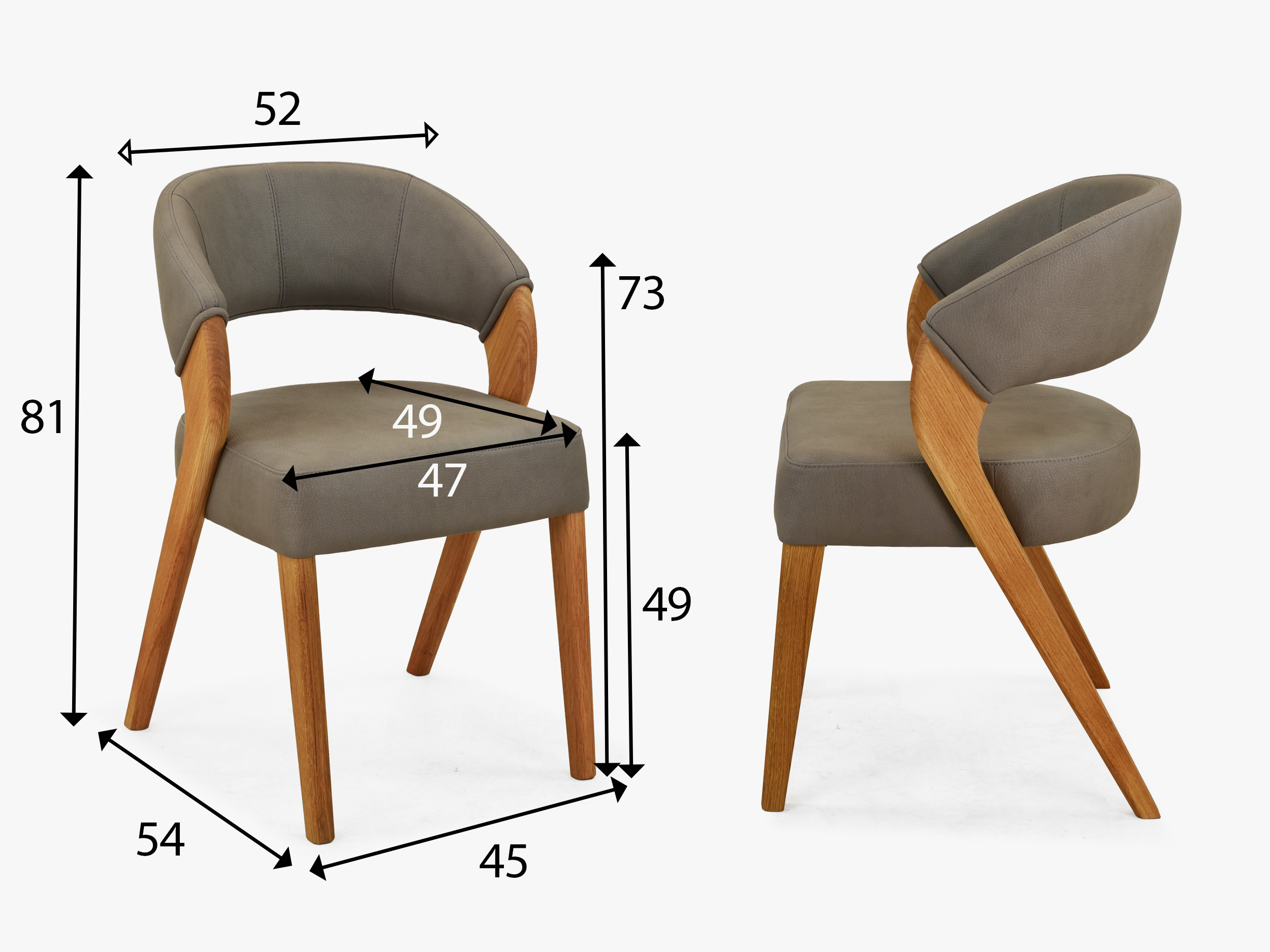 Rozmery čalúnenej jedálenskej stoličky Texas taupe – výška 81 cm, šírka 52 cm, hĺbka 54 cm