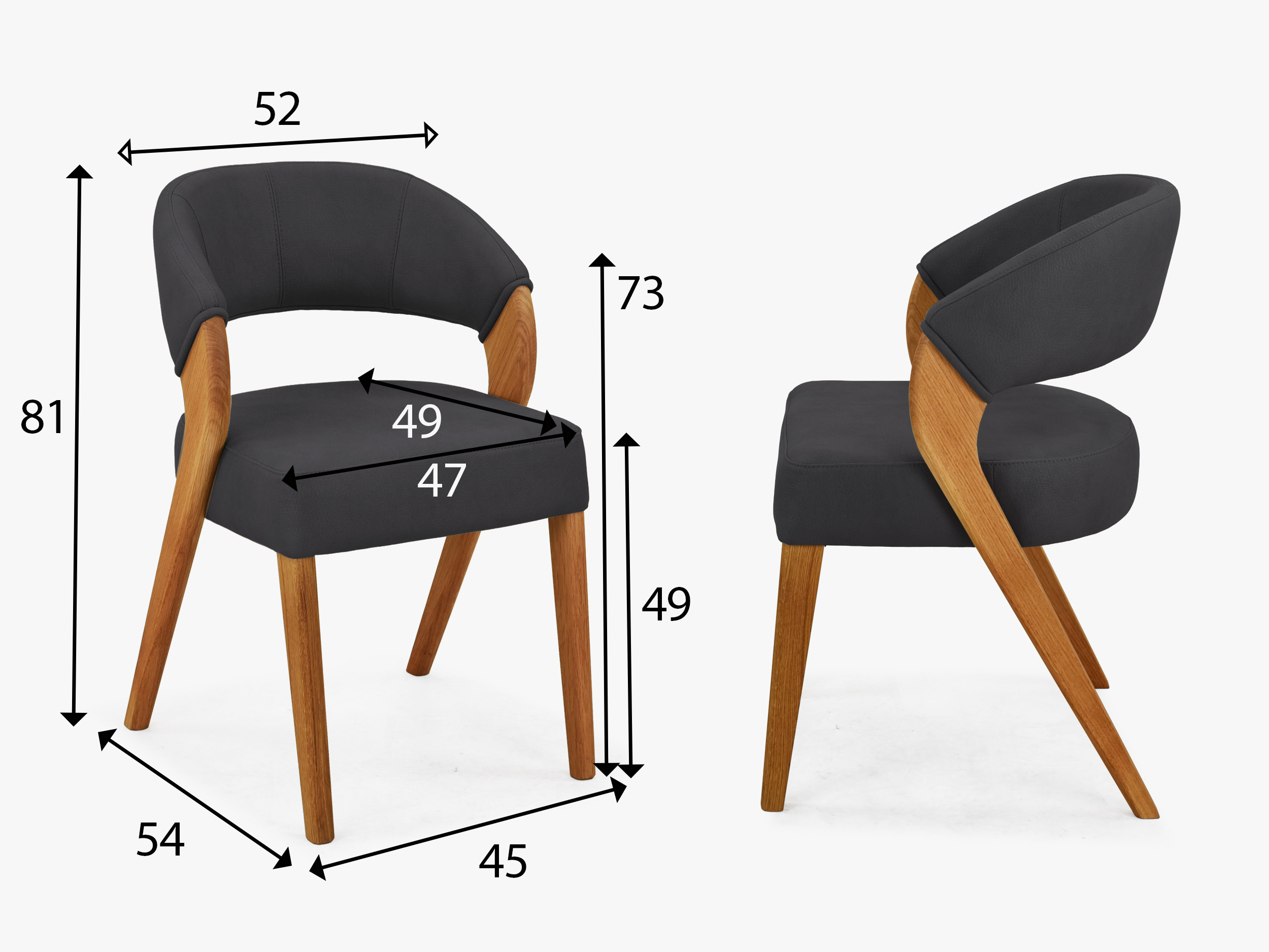 Rozmery čalúnenej jedálenskej stoličky Texas čierna – výška 81 cm, šírka 52 cm, hĺbka 54 cm