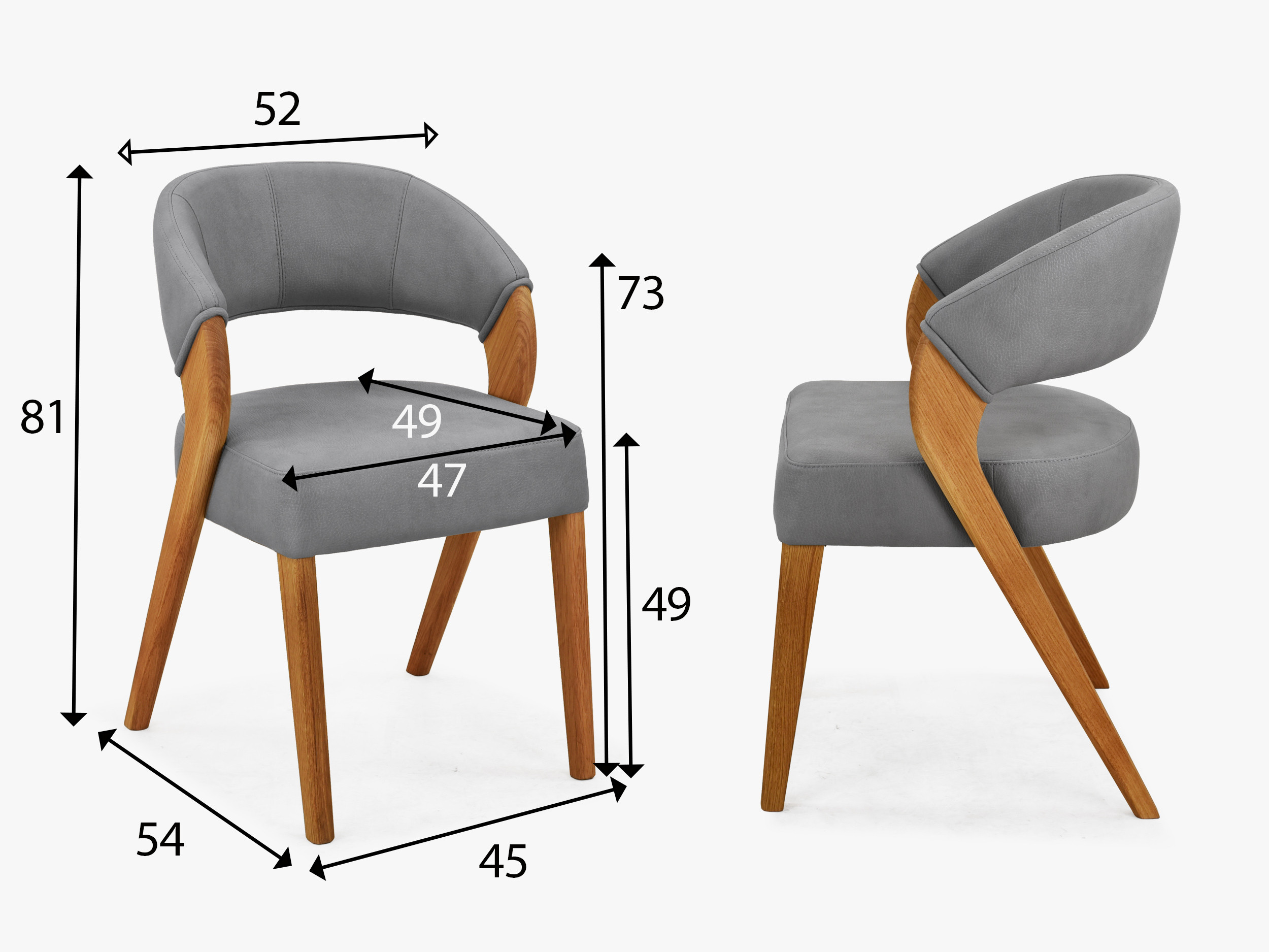 Rozmery čalúnenej jedálenskej stoličky Texas svetlosivá – výška 81 cm, šírka 52 cm, hĺbka 54 cm