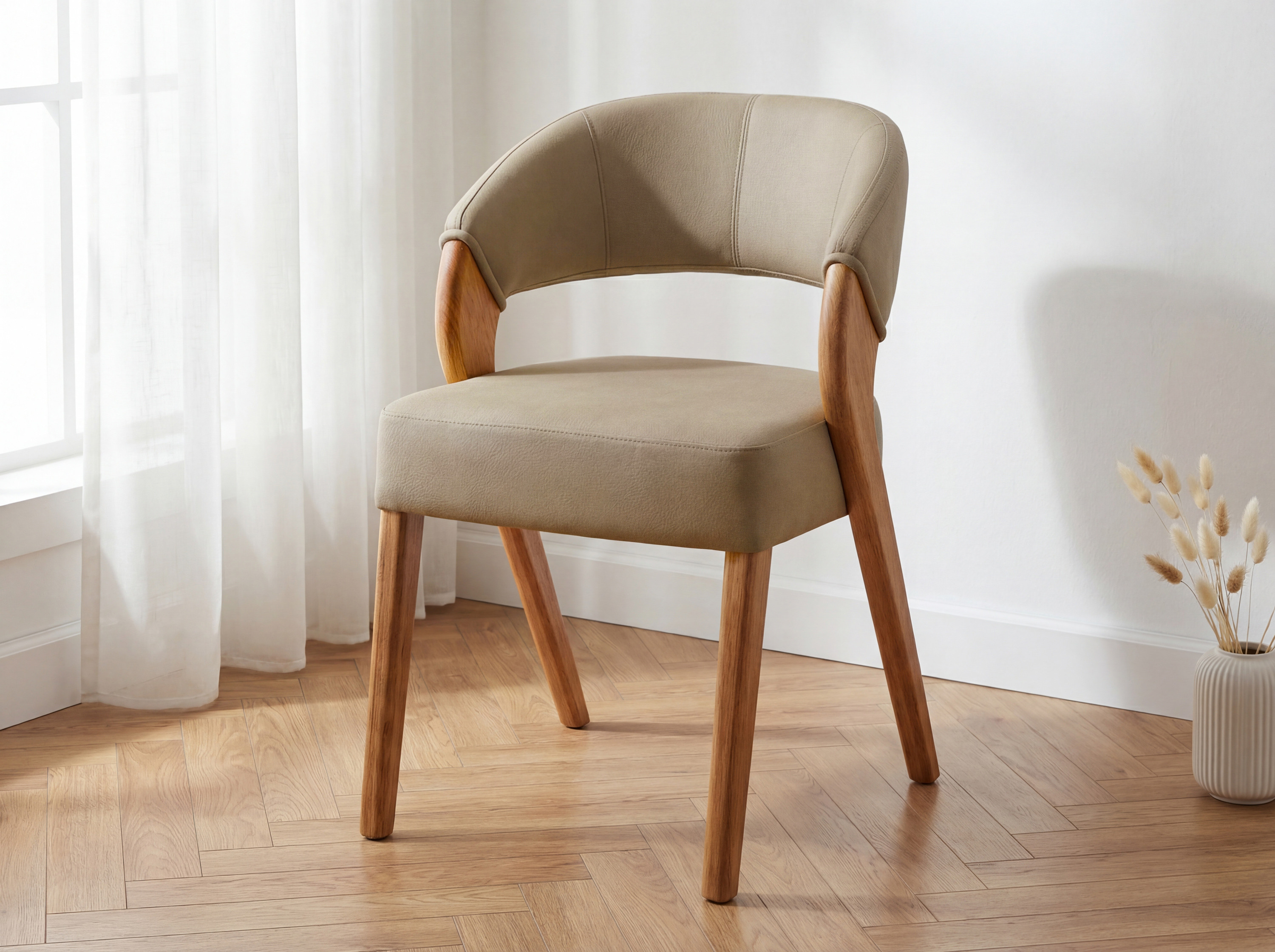Čalúnená jedálenská stolička Texas béžová s dubovými nohami – predný pohľad
