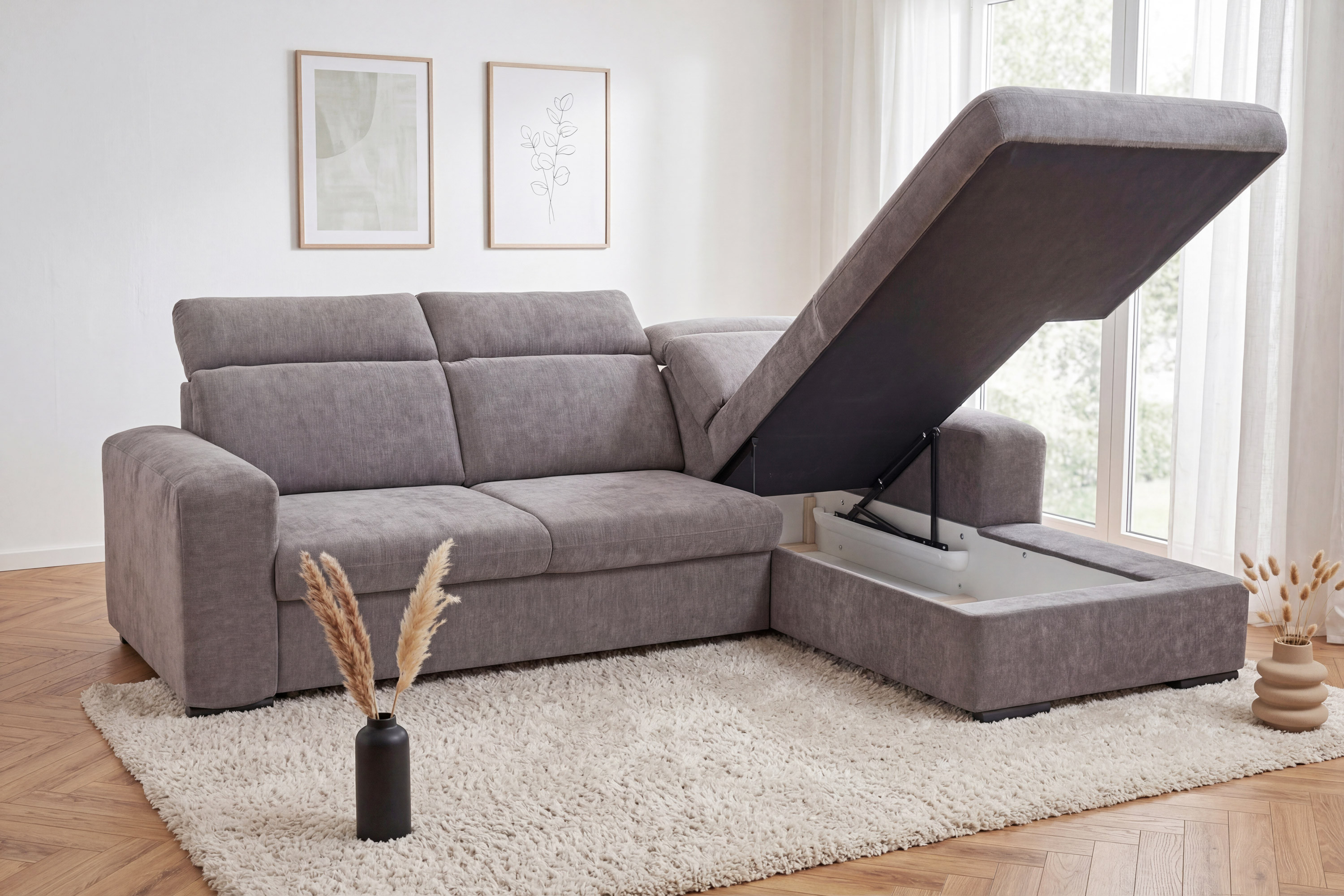 Ecksofa Denver in Taupe mit verstellbaren Kopfstützen