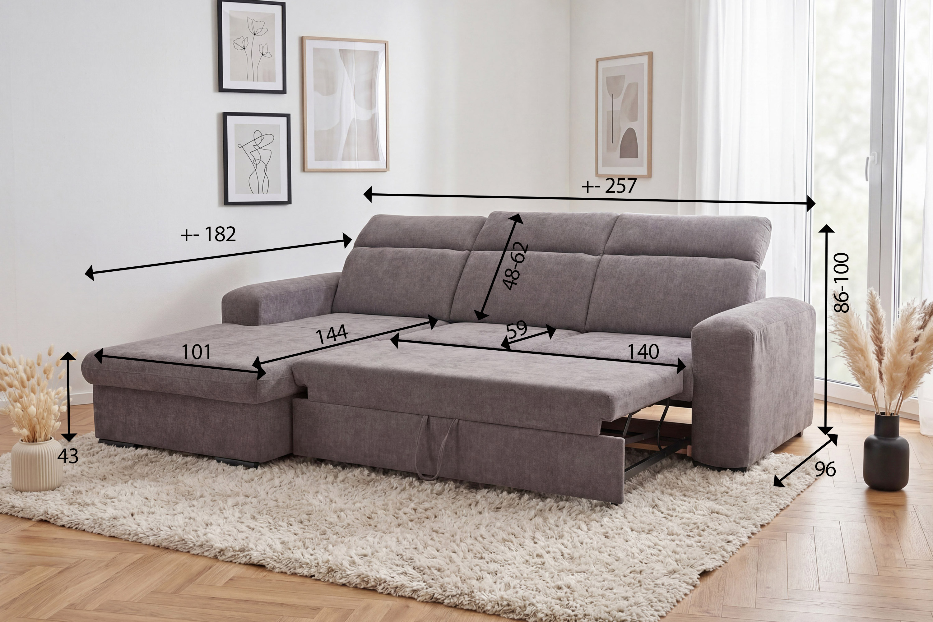 Eckgarnitur Denver linke Ecke Taupe – Abmessungen