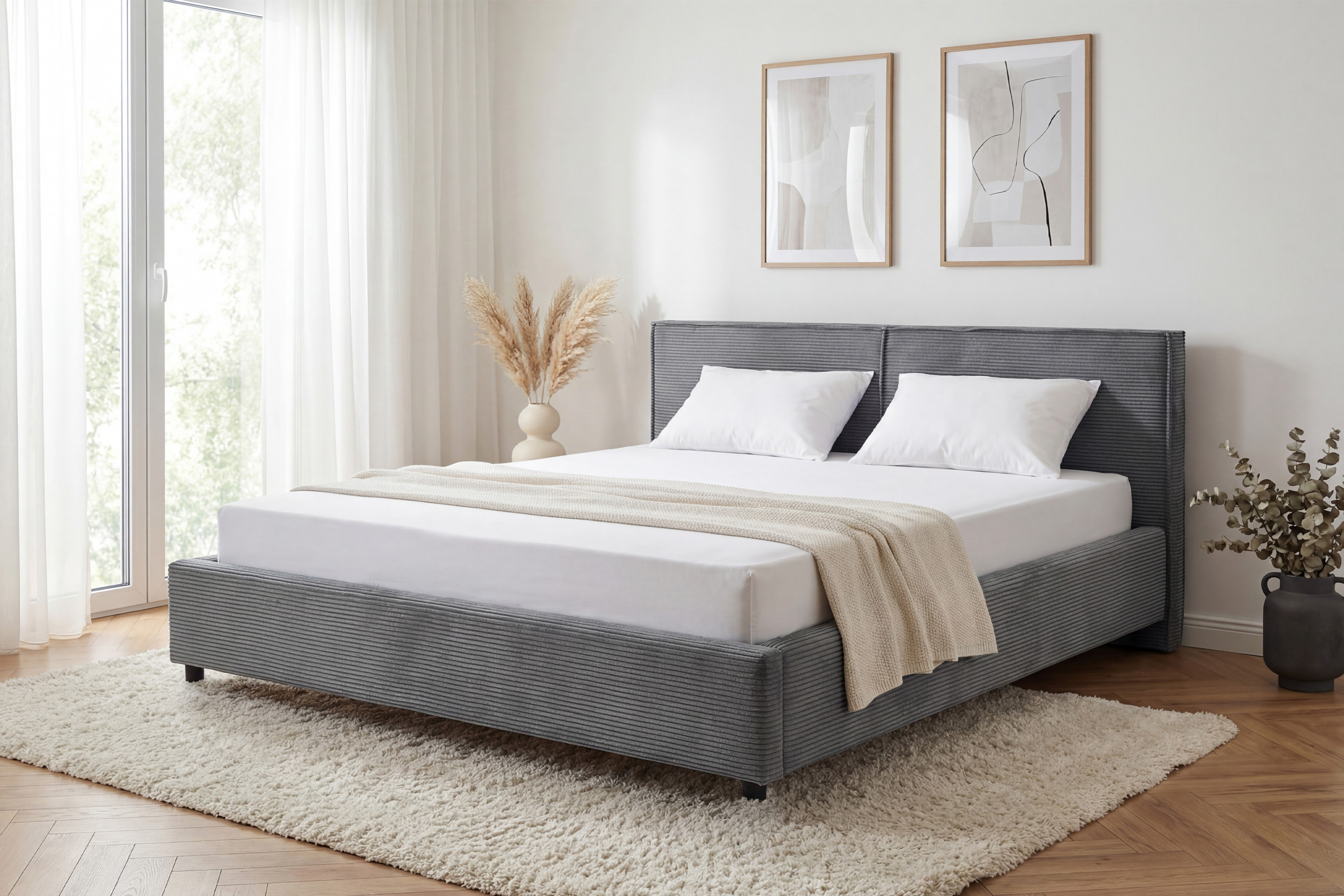 Posteľ Ineza s manšestrovým poťahom a polstrovaným čelom – sivá