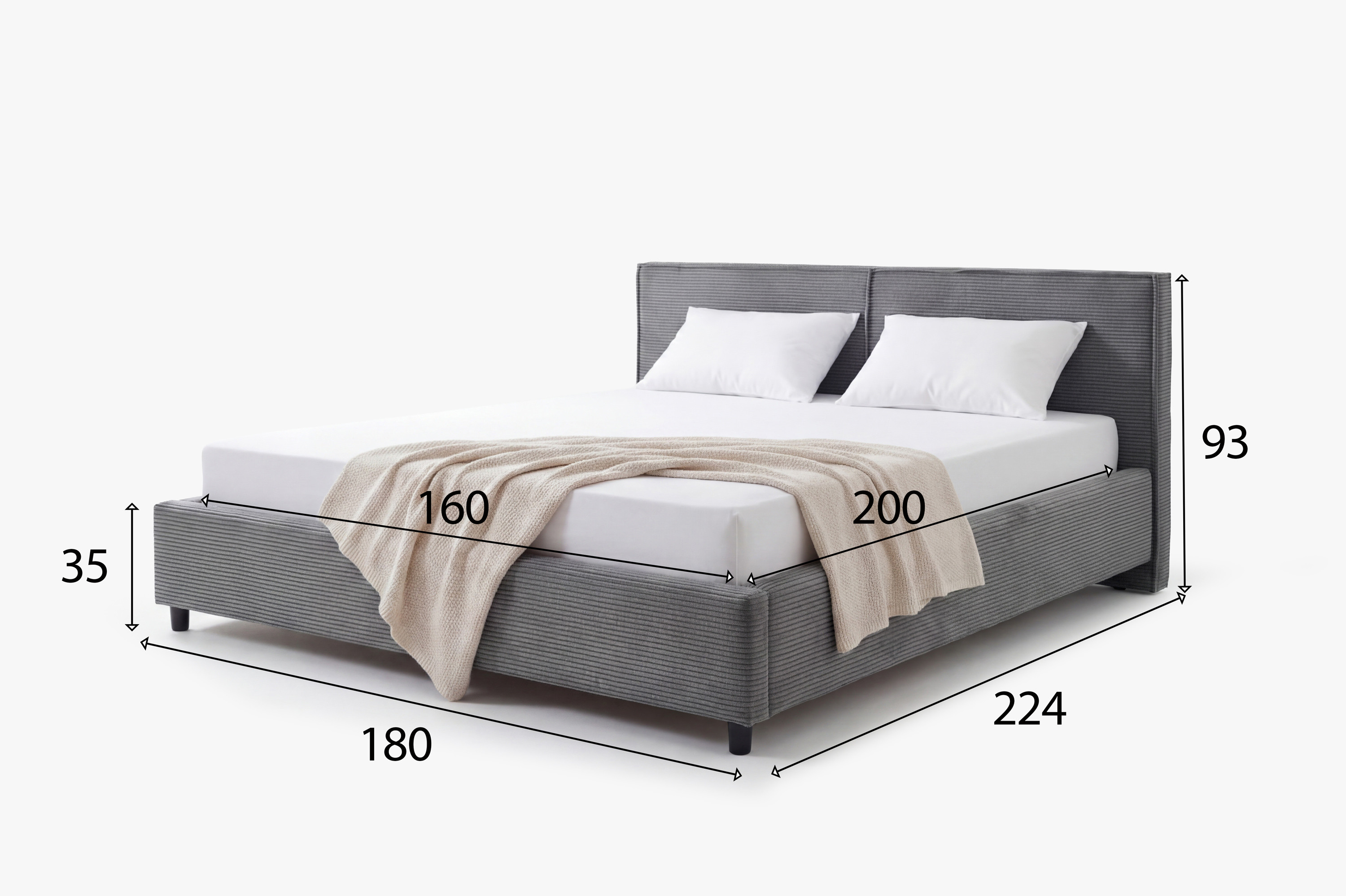 Maße des gepolsterten Bettes Ineza 180x200 – Breite 200, Länge 224, Kopfteilhöhe 93 cm