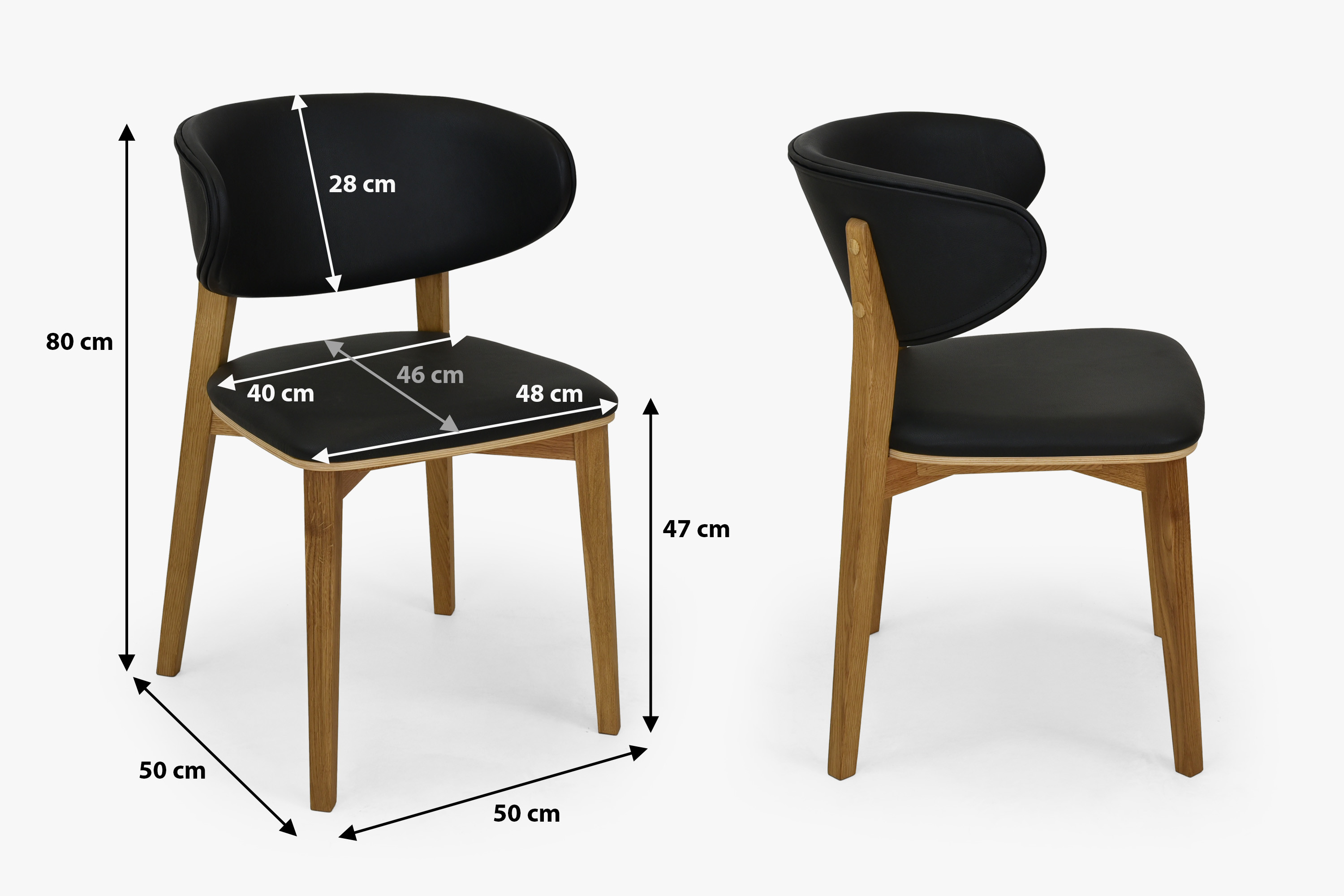 Rozmery jedálenskej stoličky Saška – výška 80 cm, šírka 46 cm, hĺbka 48 cm
