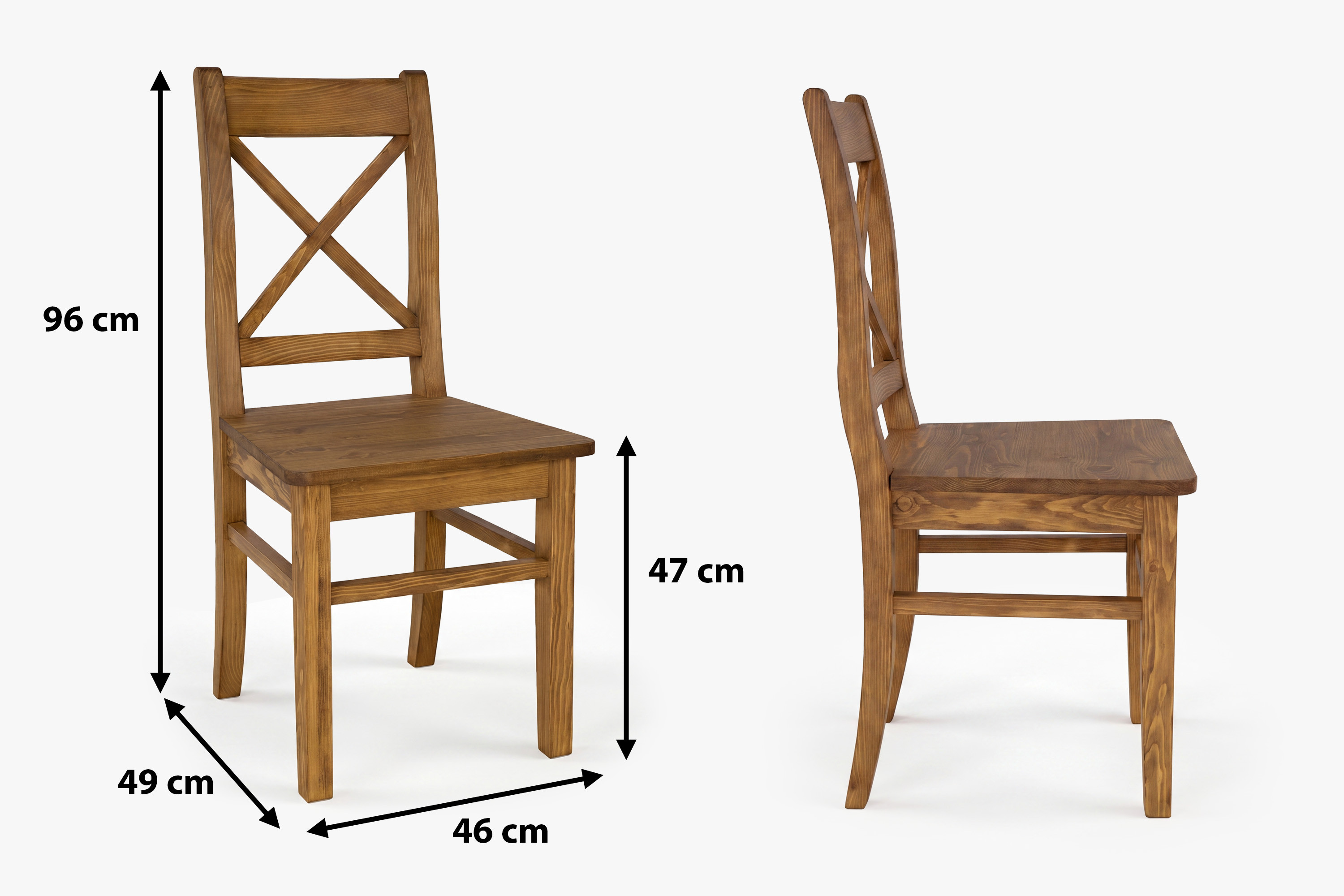 Rozmery rustikálnej jedálenskej stoličky VENKOV – výška 96 cm, šírka 46 cm, hĺbka 49 cm, výška sedu 47 cm