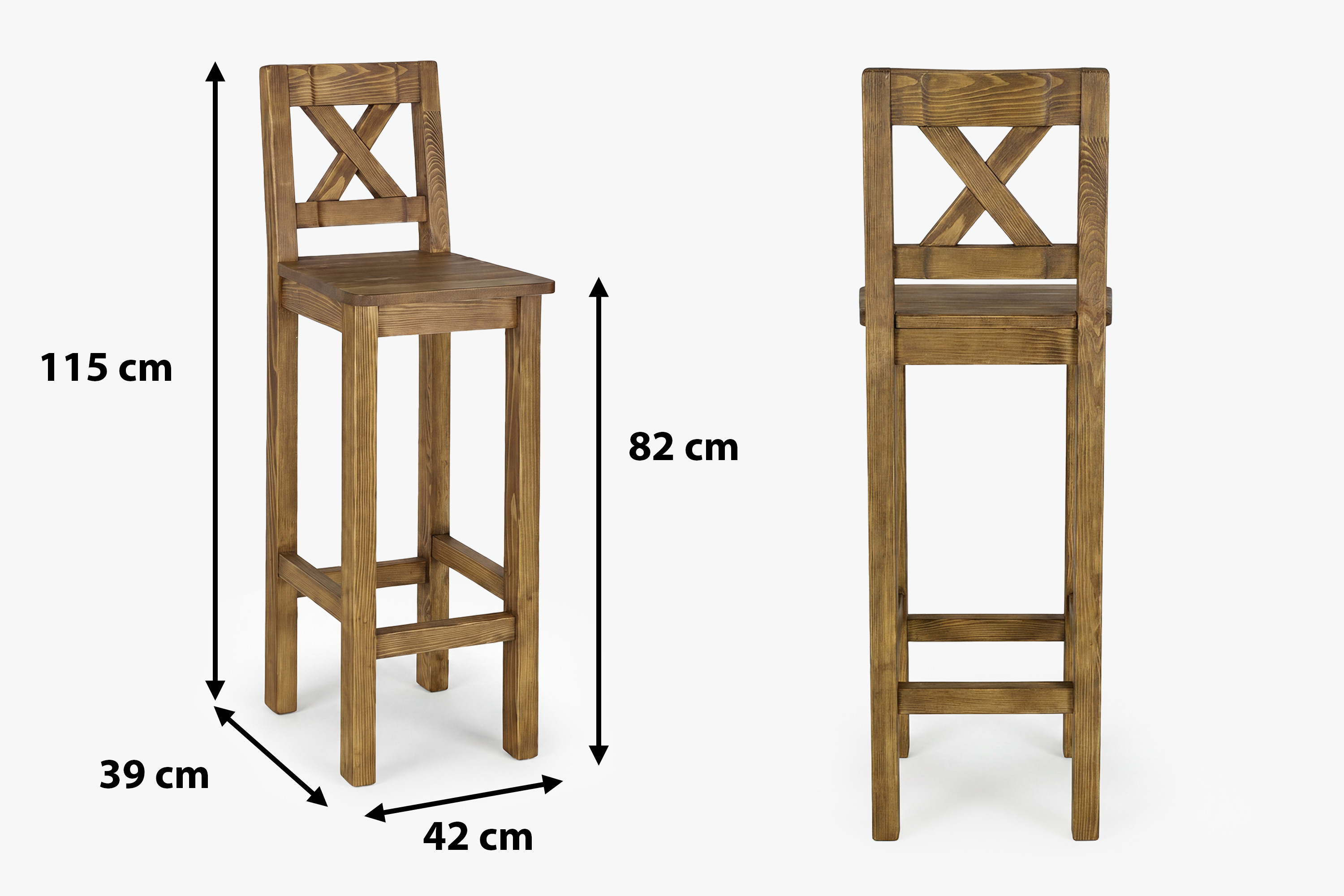 Rozmery rustikálnej barovej stoličky zo série Venkov – výška 115 cm, šírka 42 cm, hĺbka 39 cm, výška sedáku 82 cm