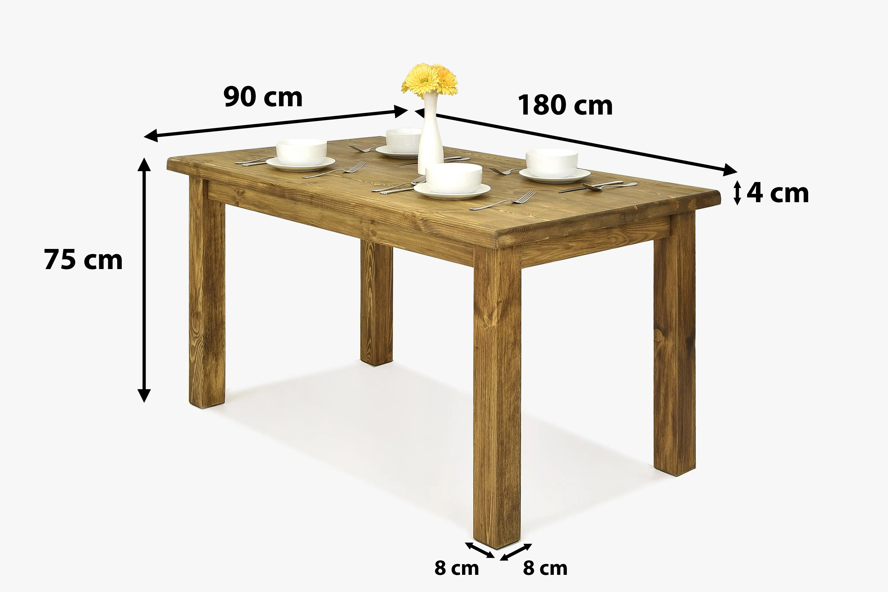 Rozmery jedálenského stola série Venkov 180x90 cm – dĺžka 180 cm, šírka 90 cm, výška 75 cm