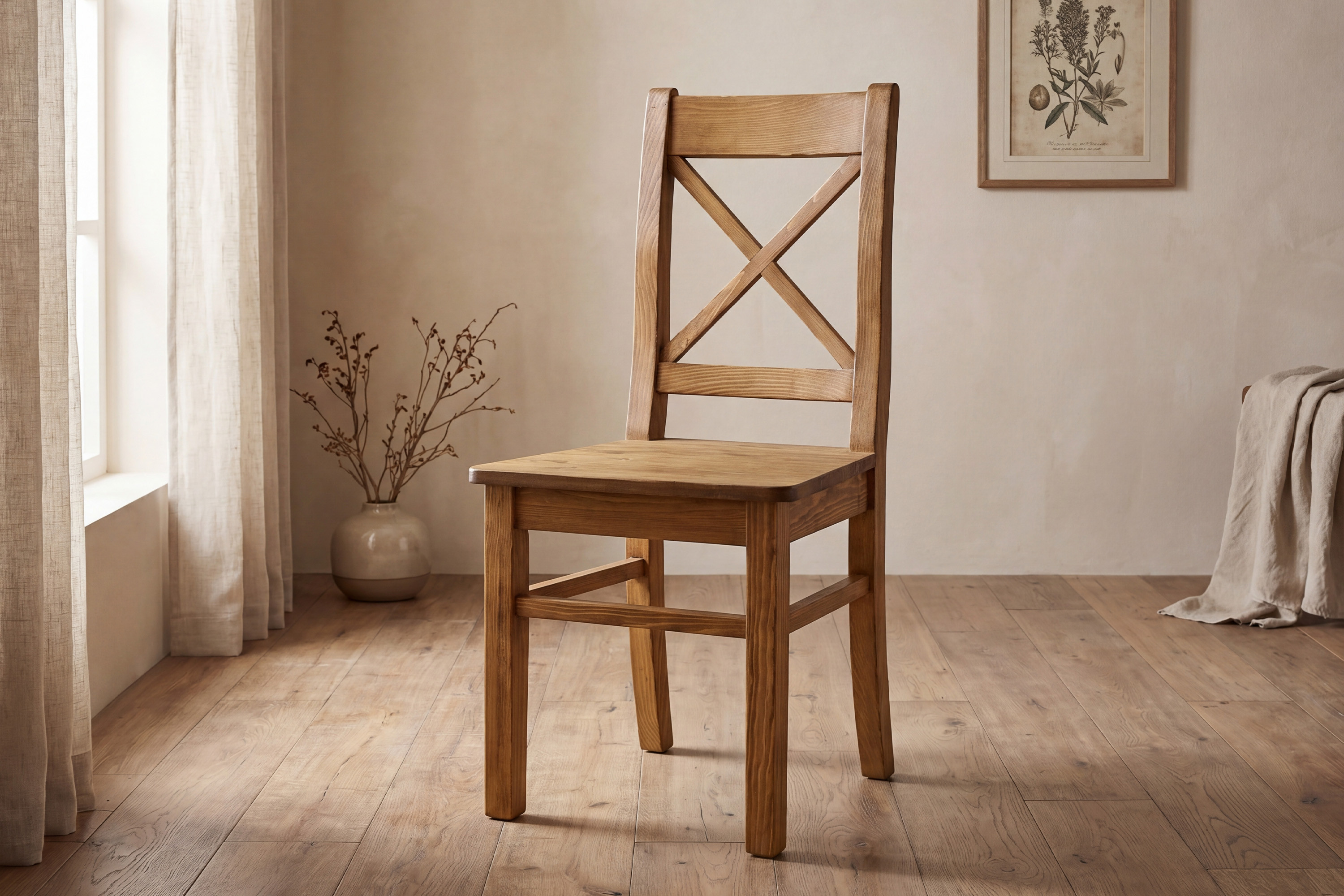 Rustikálna jedálenská stolička z borovicového masívu vo vidieckom štýle